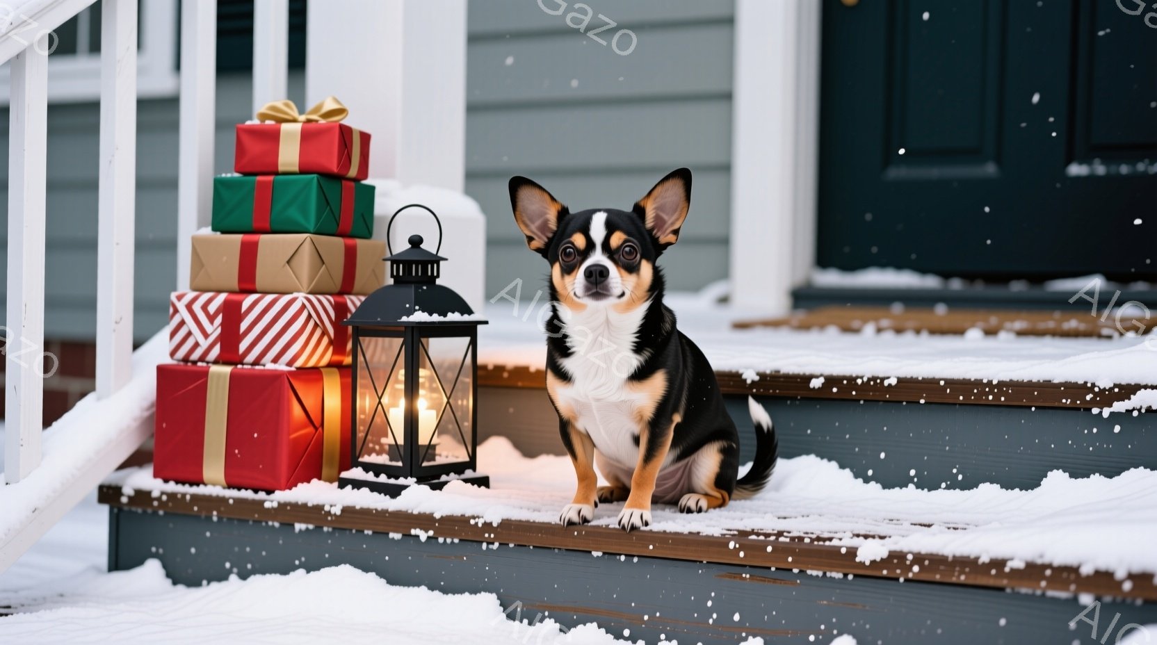 雪が降る家の外階段に、黒と白のチワワが座っています。その隣には、赤いリボンで飾られたプレゼントの山と、温かい光を放つランタンが置かれています。雪景色とプレゼントの組み合わせが、温かくお祝いムードを演出 - AI生成フリー素材