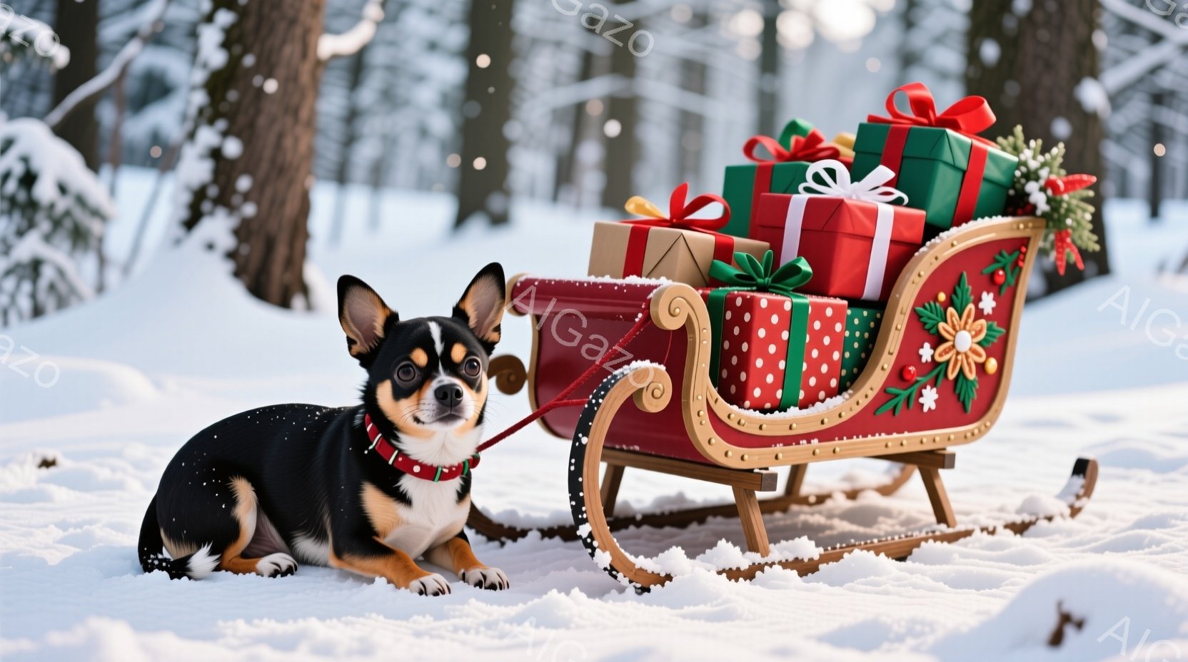 黒と白の毛並みの小型犬が雪の上に座り、赤い首輪をしています。その前には、カラフルな包装紙で飾られたプレゼントが積み込まれた赤いそりが置かれています。背景は雪に覆われた木々で、冬の静かで祝祭的な雰囲気を - AI生成フリー素材