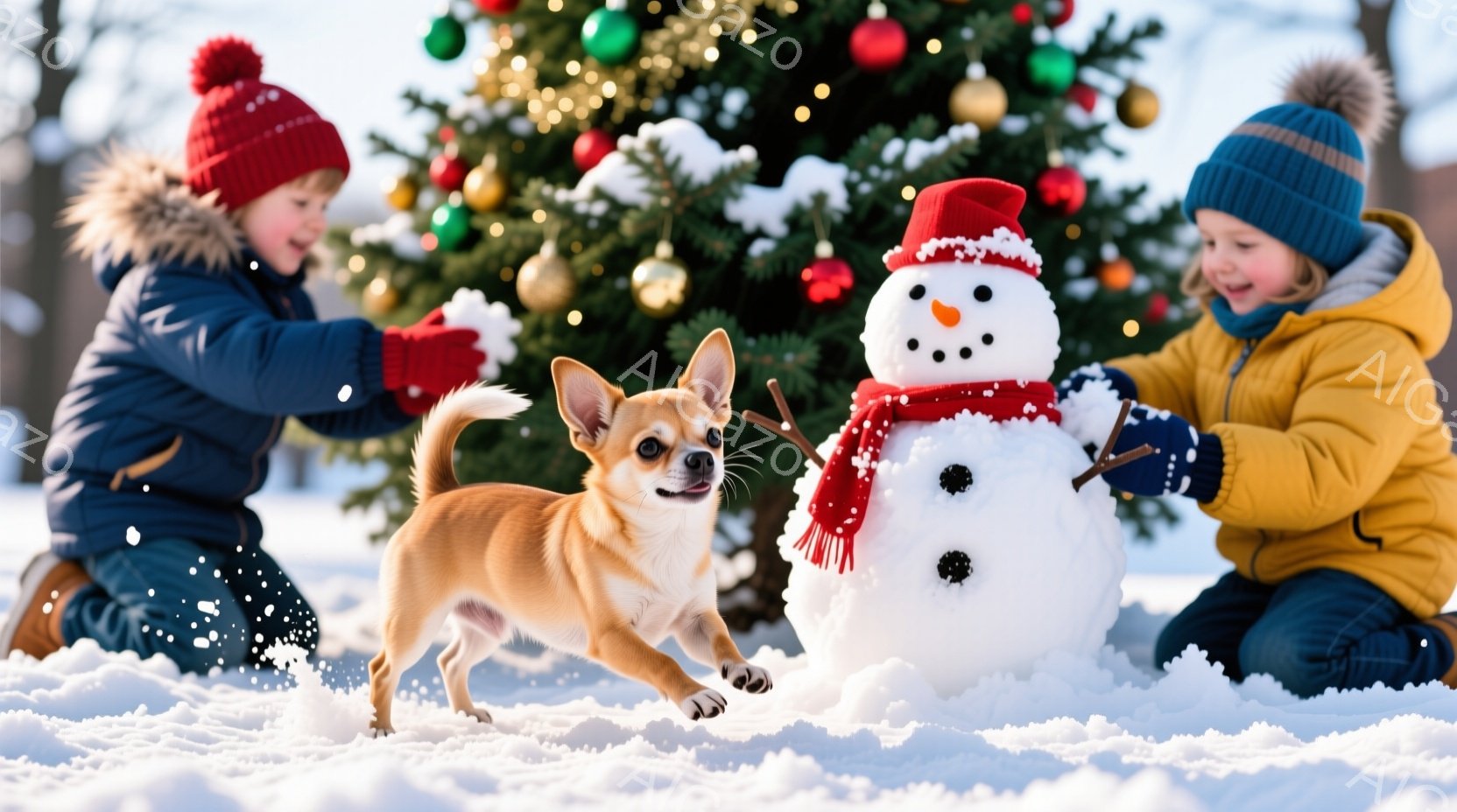 雪景色の中で、赤い帽子をかぶった少年と、黄色いジャケットを着た少女が雪だるまを作っています。茶色のチワワが雪の中を走り回り、楽しそうに遊んでいます。背景にはクリスマスツリーが飾られており、暖かく幸せな冬の雰囲気が漂っています。