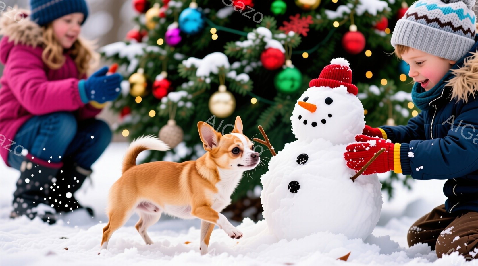 雪景色の中で、小さな女の子と茶色のチワワが雪だるまを作っています。女の子はピンク色のジャケットと帽子を着用し、雪だるまの腕を作ろうとしています。背景には、飾り付けられたクリスマスツリーがあり、雪が舞う - AI生成フリー素材