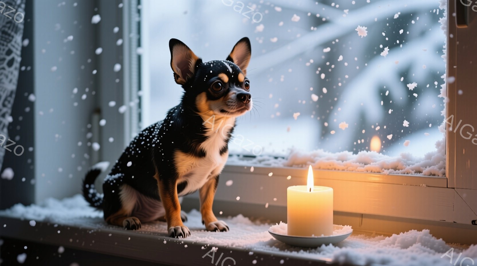 小さなチワワが雪の降る窓辺に座っています。窓枠には雪が積もり、近くには灯されたキャンドルが温かい光を放っています。チワワは少し不安そうな表情で遠くを見つめ、冬の静かで穏やかな雰囲気が漂っています。 - AI生成フリー素材