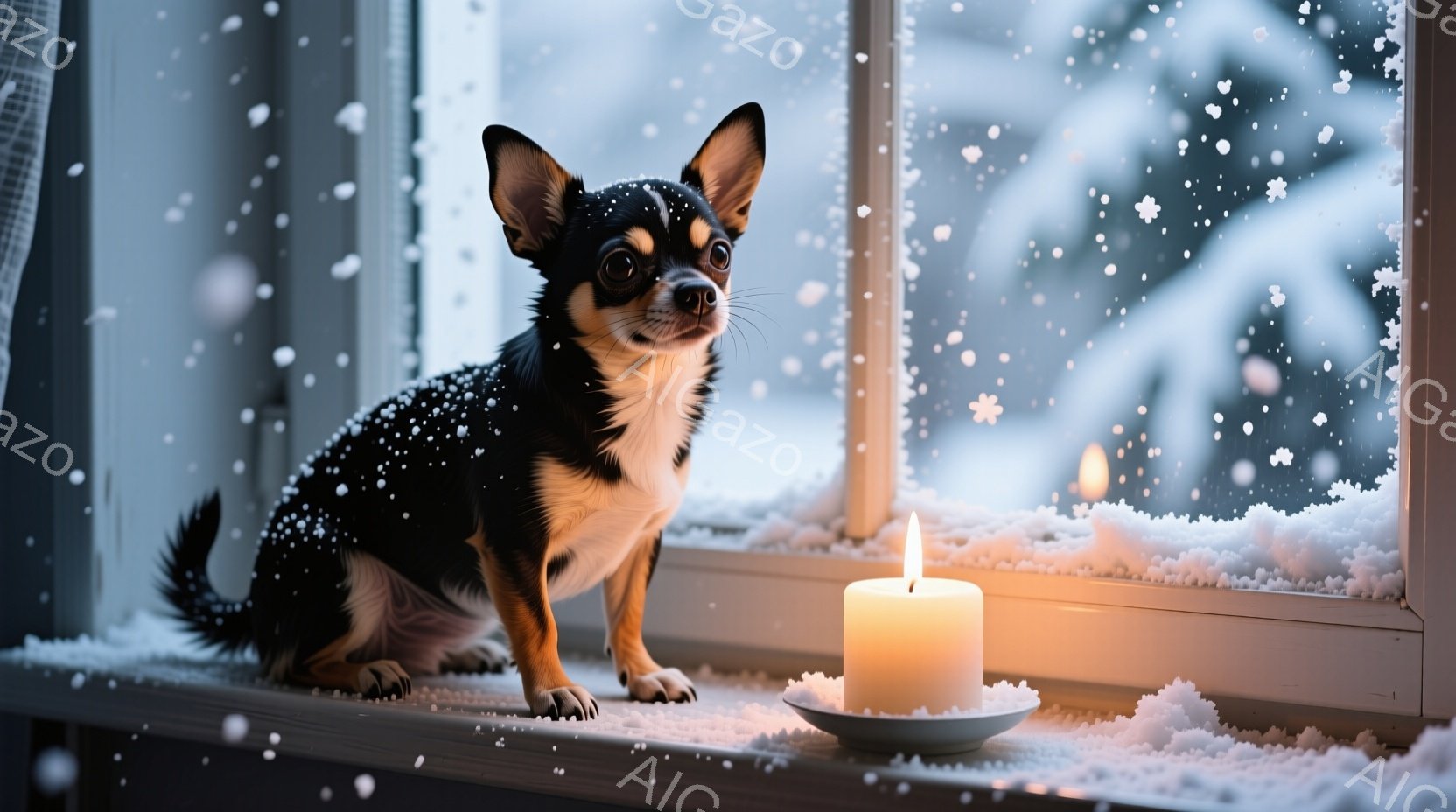 黒と白のチワワが窓辺に座り、外の雪景色を見つめている。窓枠には雪が積もり、暖かく光るキャンドルが置かれている。全体的に、静かで穏やかな冬の日の雰囲気が漂い、暖かさと安らぎを感じさせる。 - AI生成フリー素材