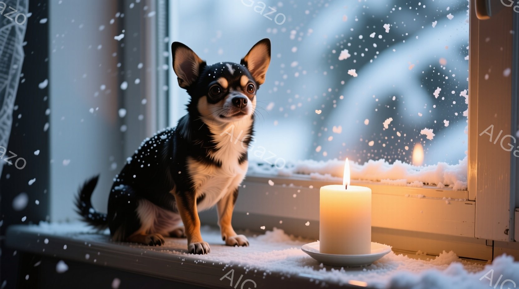 小さなチワワが雪が降る窓辺に座って正面を見ています。窓枠には雪が積もり、室内には暖かく光るキャンドルが置かれています。全体的に、冬の静かで穏やかな雰囲気を醸し出しており、温かい光が心を安らげます。 - AI生成フリー素材