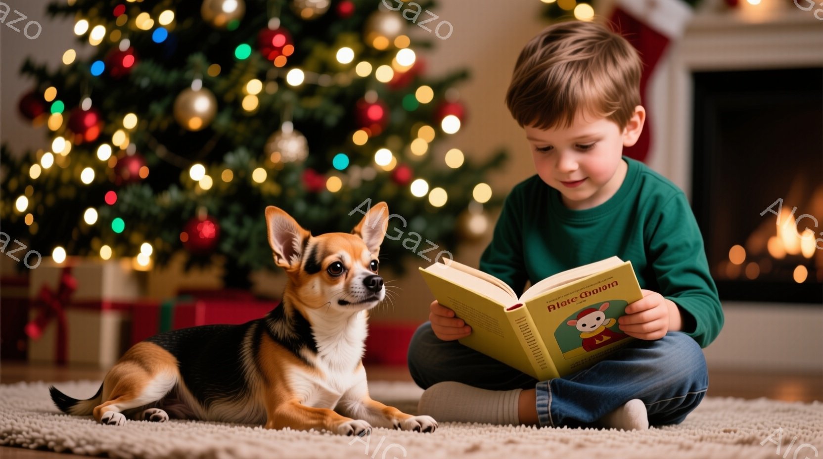 少年はカーペットの上に座り、開いた本を読んでいます。彼は濃い緑色の長袖シャツと濃い青色のズボンを着用し、濃い茶色の髪をしています。そばには、茶色と白のチワワが横たわり、少年は読書に集中し、犬はリラック - AI生成フリー素材