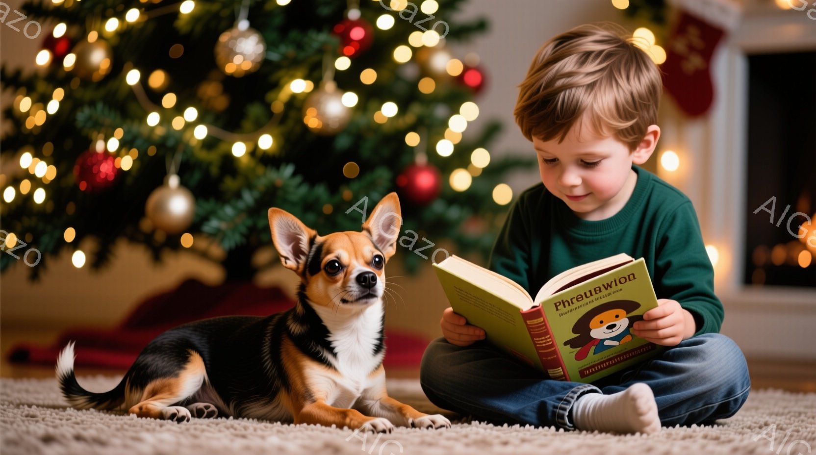 小さな少年が床に座り、膝の上に絵本を開いて読んでいる。彼は濃い緑色のセーターとジーンズを身に着け、短い茶色の髪をしている。背景には、キラキラと輝くクリスマスツリーがあり、温かく、家庭的な雰囲気を醸し出 - AI生成フリー素材