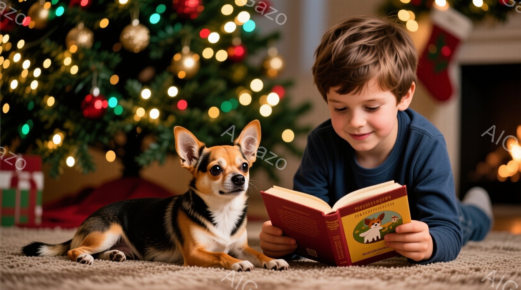 赤茶色のカーペットの上に、クリームと茶色の毛並みのキャバリア・キング・チャールズ・スパニエルが横たわっています。暖炉の火が赤々と燃え、その上にはクリスマス柄の靴下が飾られています。部屋は暖かく、居心地 - AI生成フリー素材