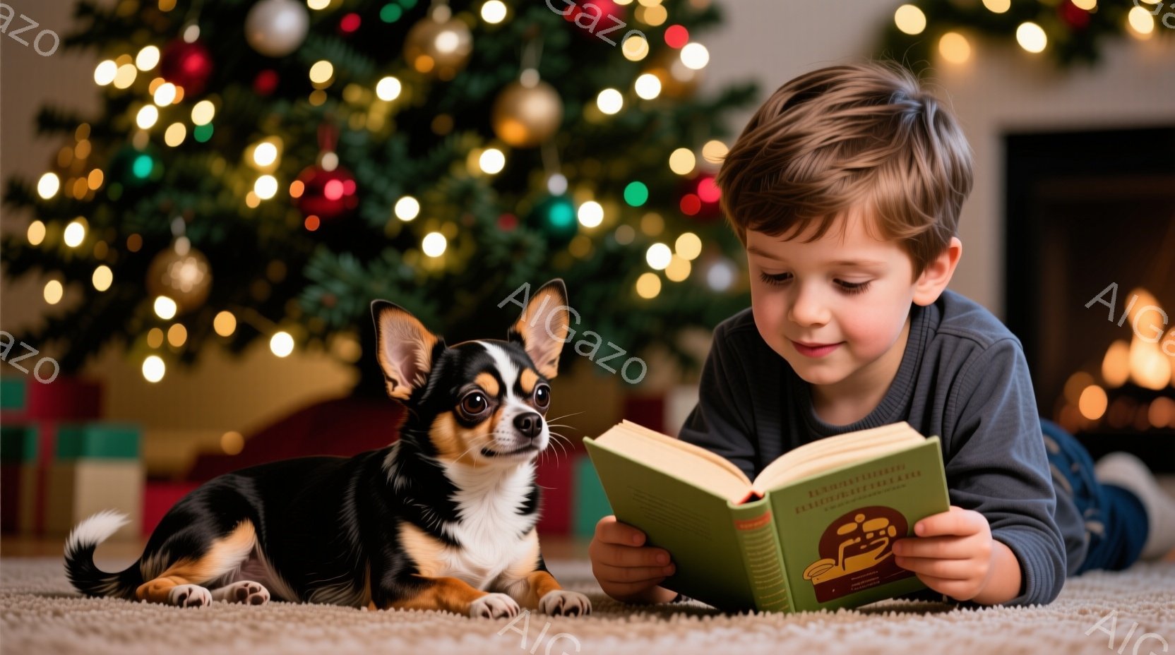 少年はカーペットの上にうつ伏せになり、緑色の表紙の本を熱心に読んでいます。彼はグレーの長袖シャツを着ており、茶色の短い髪をしています。背景には、装飾されたクリスマスツリーとプレゼントが見え、暖かく、お - AI生成フリー素材