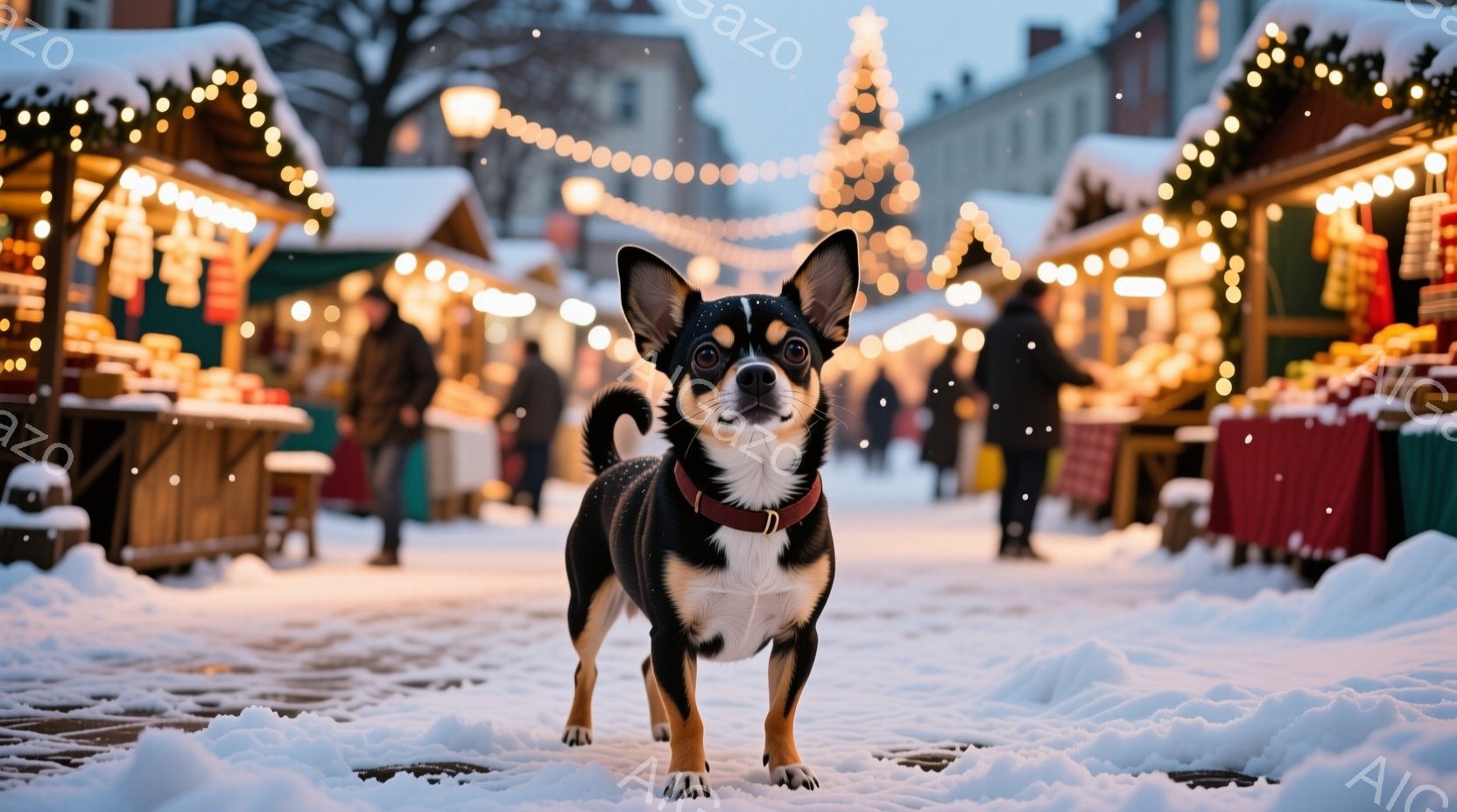 黒と白のチワワが雪で覆われた通りで正面を向いて立っています。赤い首輪をつけており、背景にはクリスマスマーケットのような賑やかな景色が広がっています。雪が舞い散り、温かい光が灯る冬の祭りの雰囲気が漂っています。