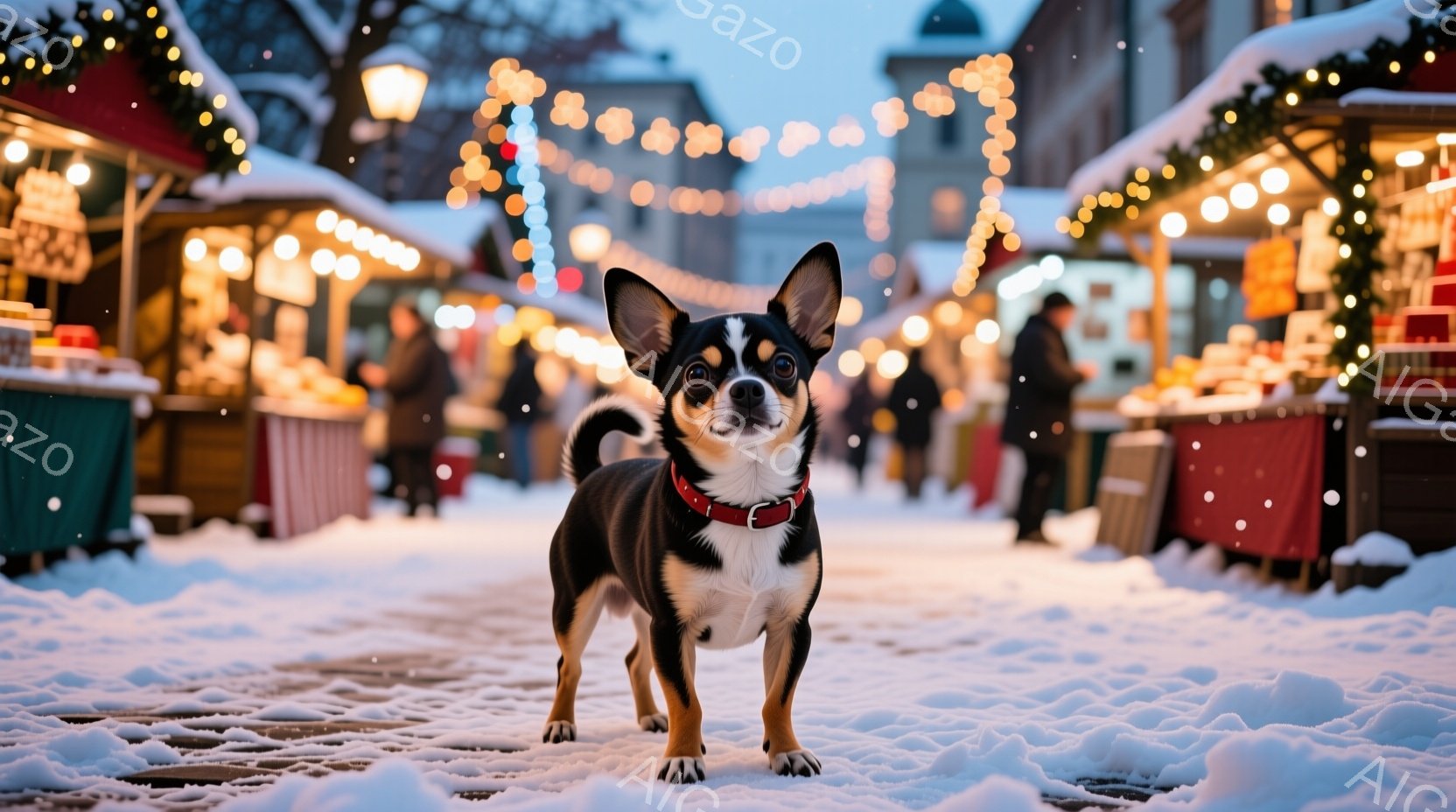 白い雪の上に、黒と白の毛並みを持つチワワが立っている。赤い首輪をつけており、少し前かがみになり、カメラの方をじっと見つめている。背景にはクリスマスマーケットのような賑やかな雰囲気があり、たくさんの露店と人々が見え、雪が舞っている。