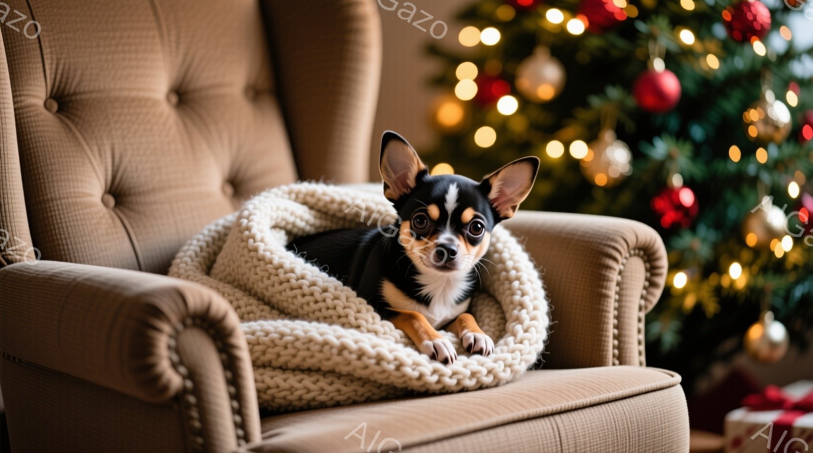 小さなチワワが、クリーム色のゆったりとしたアームチェアに、太い編み物のショールをまいて丸まって座っています。背景には、ぼやけたクリスマスツリーの光と、プレゼントボックスが見え、暖かい雰囲気が漂っていま - AI生成フリー素材