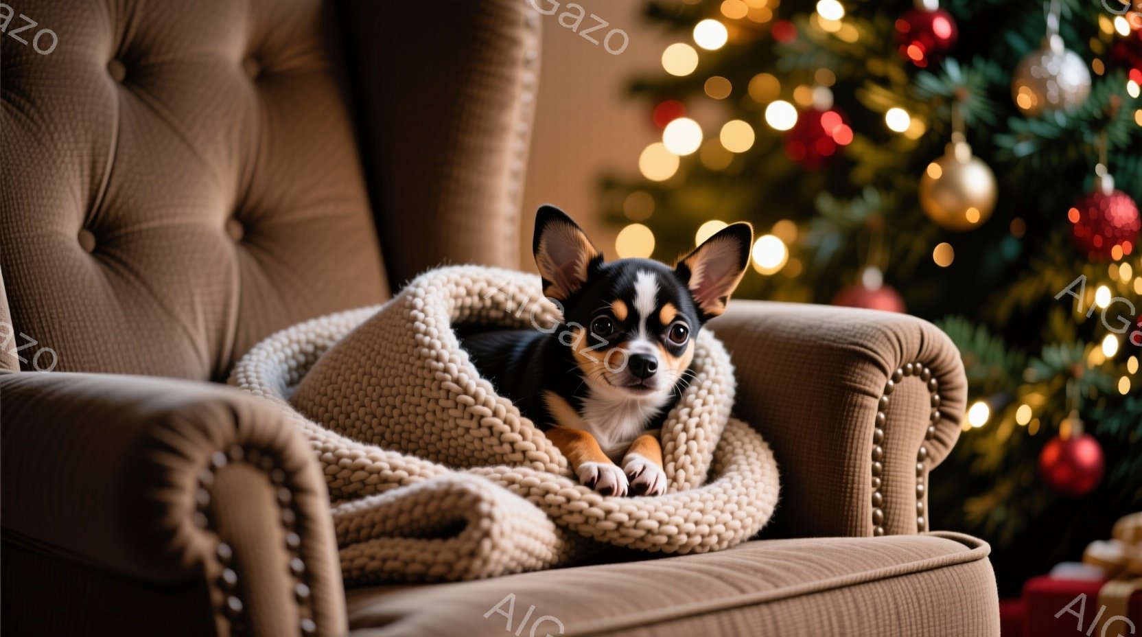 鮮やかなクリスマスツリーを背景に、茶色の肘掛け椅子に丸まって座るチワワが描かれています。クリーム色のざっくり編みのブランケットに包まれ、リラックスした表情でこちらを見つめています。背景には、ぼやけたク - AI生成フリー素材