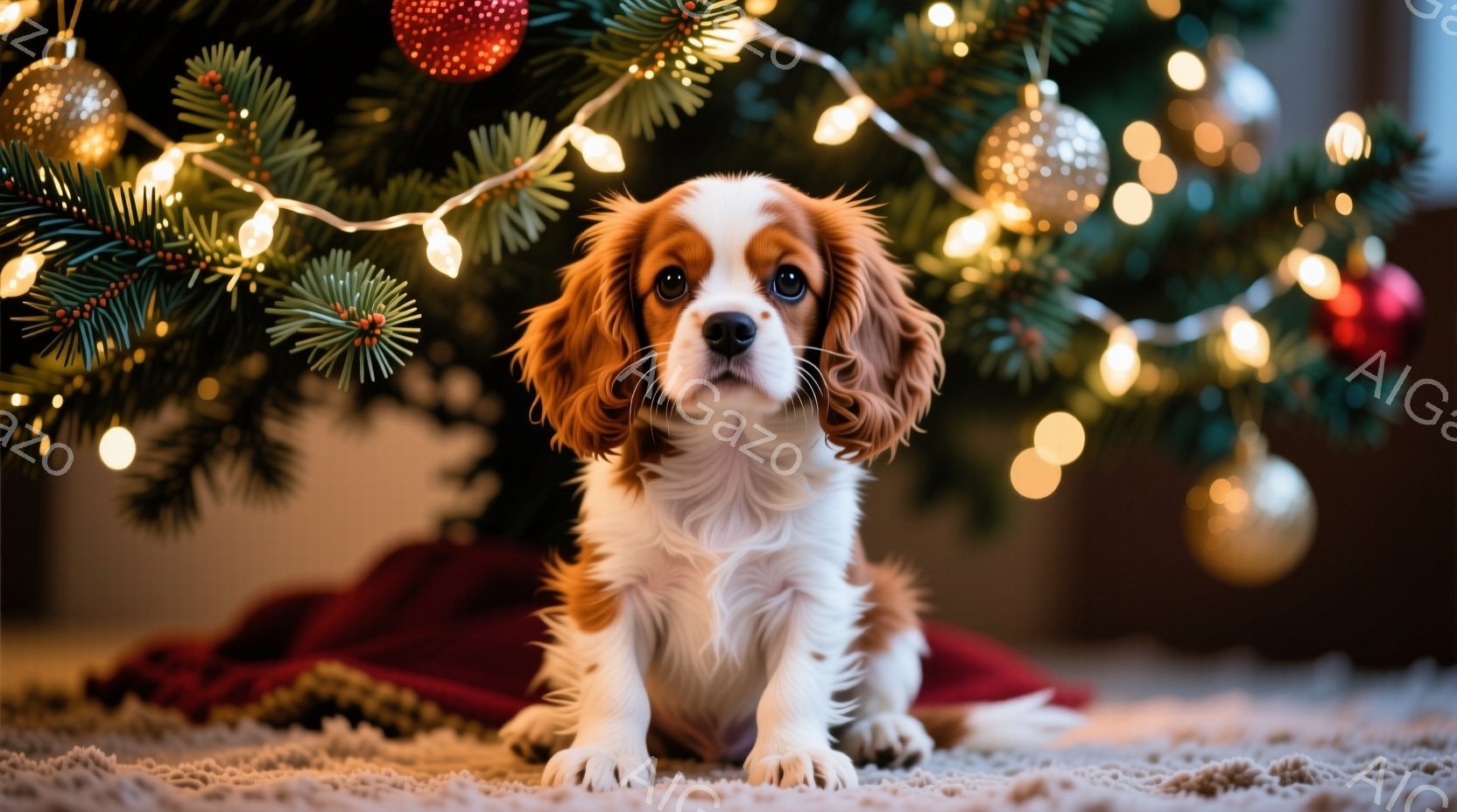 白と茶色の毛並みの小さな子犬が、赤い布と緑のクリスマスツリーの前で座っています。子犬は真っ直ぐ前を見ており、愛らしい表情をしています。背景にはぼやけたクリスマスツリーの飾りと光があり、温かくお祝いムー - AI生成フリー素材