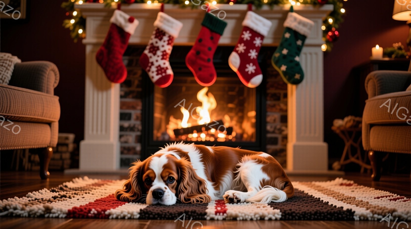 暖炉の前に敷かれたカラフルなラグの上で、茶色と白の Cavalier King Charles Spaniel がリラックスして横たわっています。暖炉には火が灯り、暖かな光が部屋全体を照らし、クリスマスの靴下が暖炉の棚に飾られています。このシーンは、暖かく居心地の良い、穏やかなクリスマスの雰囲気を醸し出しています。
