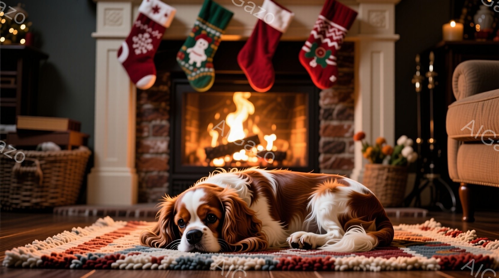 温かい光に照らされた木製の床に、クリームと茶色の模様のキャバリア・キング・チャールズ・スパニエルが横たわっています。周りにはふわふわの白いラグが敷かれ、暖炉のそばのような落ち着いた雰囲気を醸し出してい - AI生成フリー素材