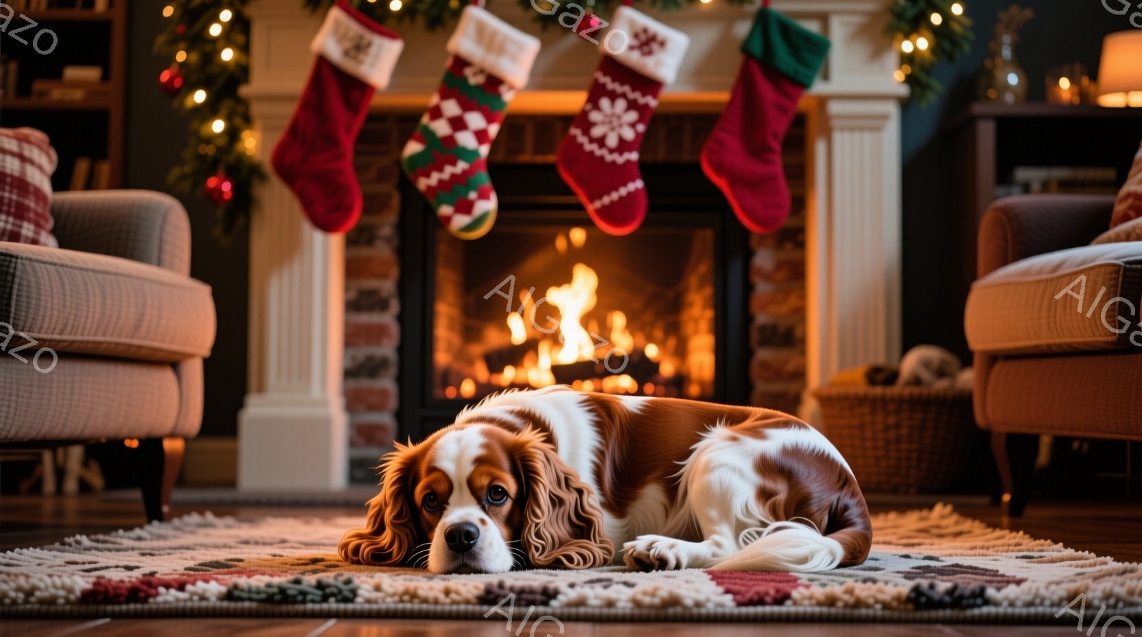 暖炉の前に敷かれたカラフルなラグの上で、茶色と白のキャバリア・キング・チャールズ・スパニエルが横たわっています。暖炉には火が灯っており、赤いクリスマスストッキングが暖炉のそばに飾られています。部屋は温 - AI生成フリー素材