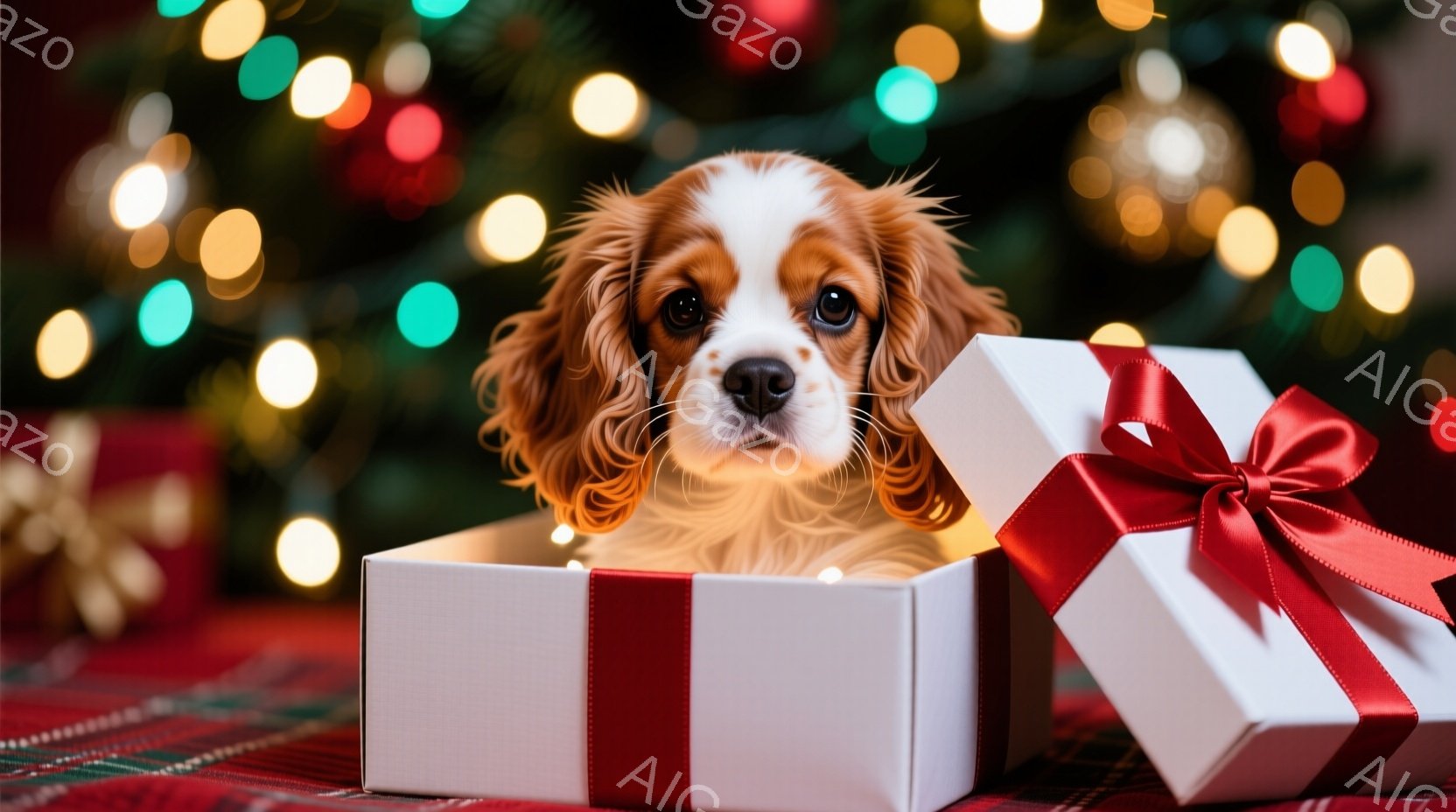 白とオレンジ色の毛並みのキャバリア・キング・チャールズ・スパニエルが、クリスマスツリーの赤いオーナメントに前足を伸ばして触れようとしています。犬は赤い首輪をつけており、好奇心と遊び心に満ちた表情で、ツリーの緑の葉とキラキラと輝く装飾に囲まれています。背景はぼかされており、暖かくお祝いムードに満ちた雰囲気が漂っています。