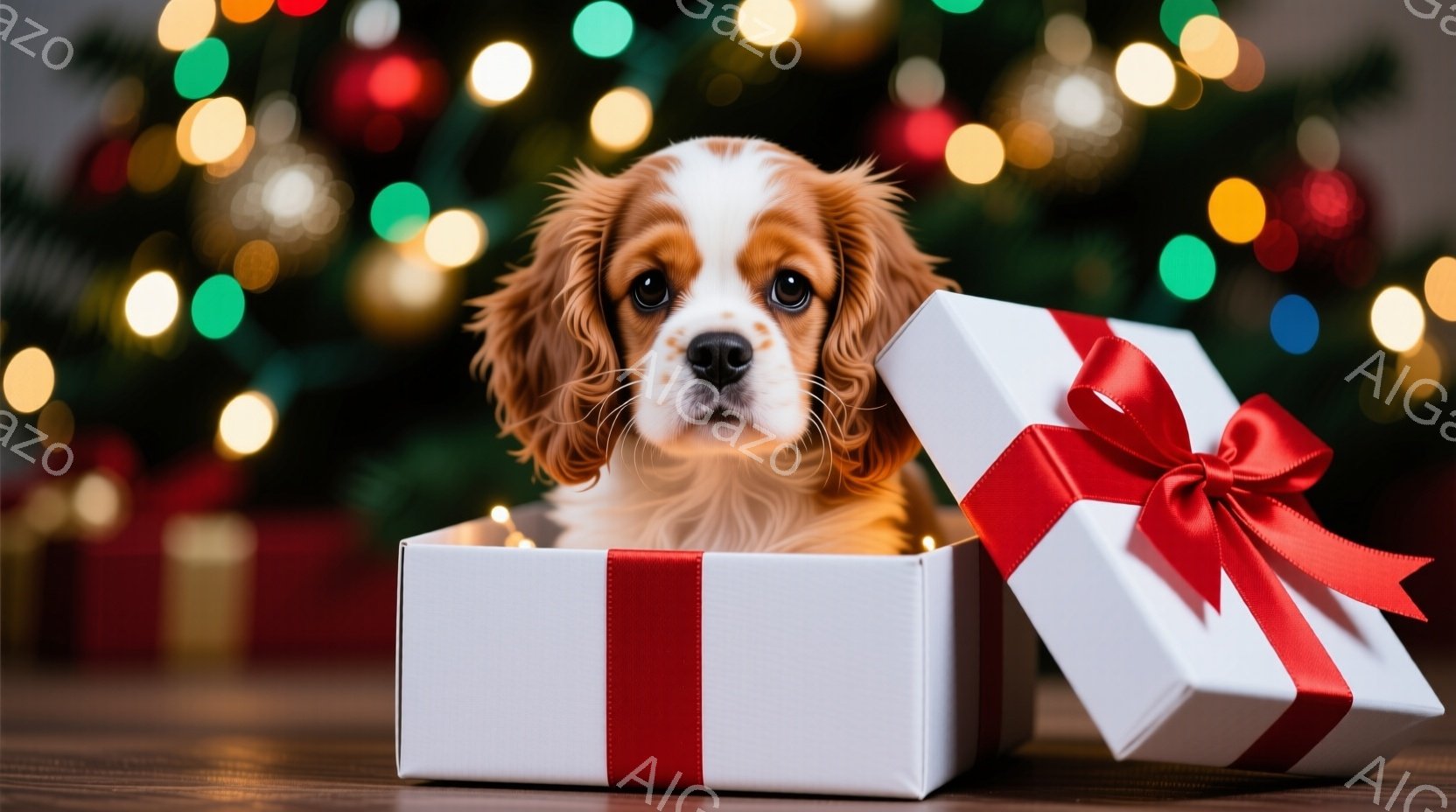 茶色と白の毛並みを持つ子犬が、赤いリボンで飾られた白いギフトボックスの中に座っています。子犬は少し驚いたような表情で、カメラの方を見ており、その姿は可愛らしいです。背景には、木製の床とぼやけたカラフル - AI生成フリー素材