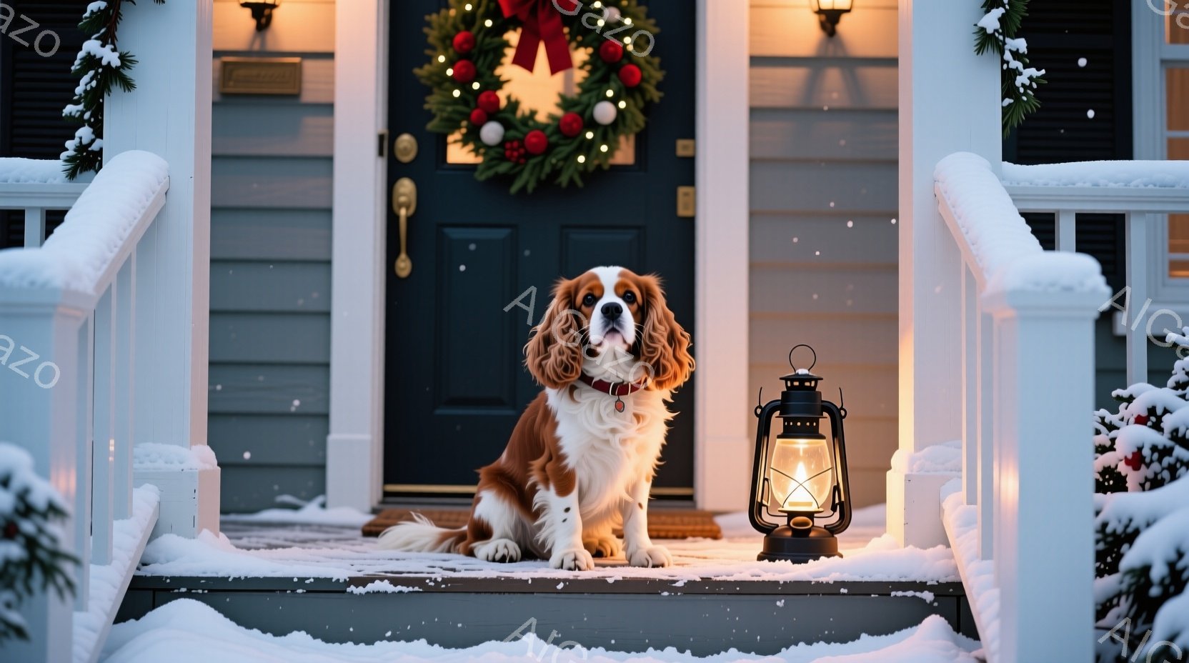 白と茶色の美しいキャバリア・キング・チャールズ・スパニエルが、雪が積もった家の外の階段に座っています。クリスマスのリースが飾られた黒いドアと、点灯したランタンが暖かく穏やかな雰囲気を醸し出しています。 - AI生成フリー素材