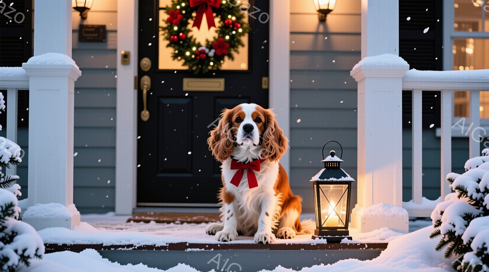雪が降る賑やかな広場に、茶色と白のキャバリア・キング・チャールズ・スパニエルが座っています。背景には、クリスマスツリーが輝き、歴史的な建物が並び、遠くには人々が歩いています。冬の夜の温かく、お祝いの雰 - AI生成フリー素材