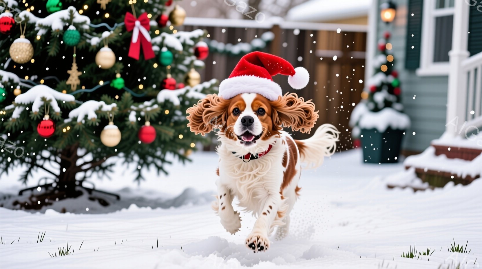 白地に赤と茶色の毛並みのキャバリア・キング・チャールズ・スパニエルが、赤いサンタ帽をかぶり、雪の上を勢いよく走っている。背景には、クリスマスオーナメントで飾られた緑の木と、雪で覆われた建物が見え、冬の - AI生成フリー素材