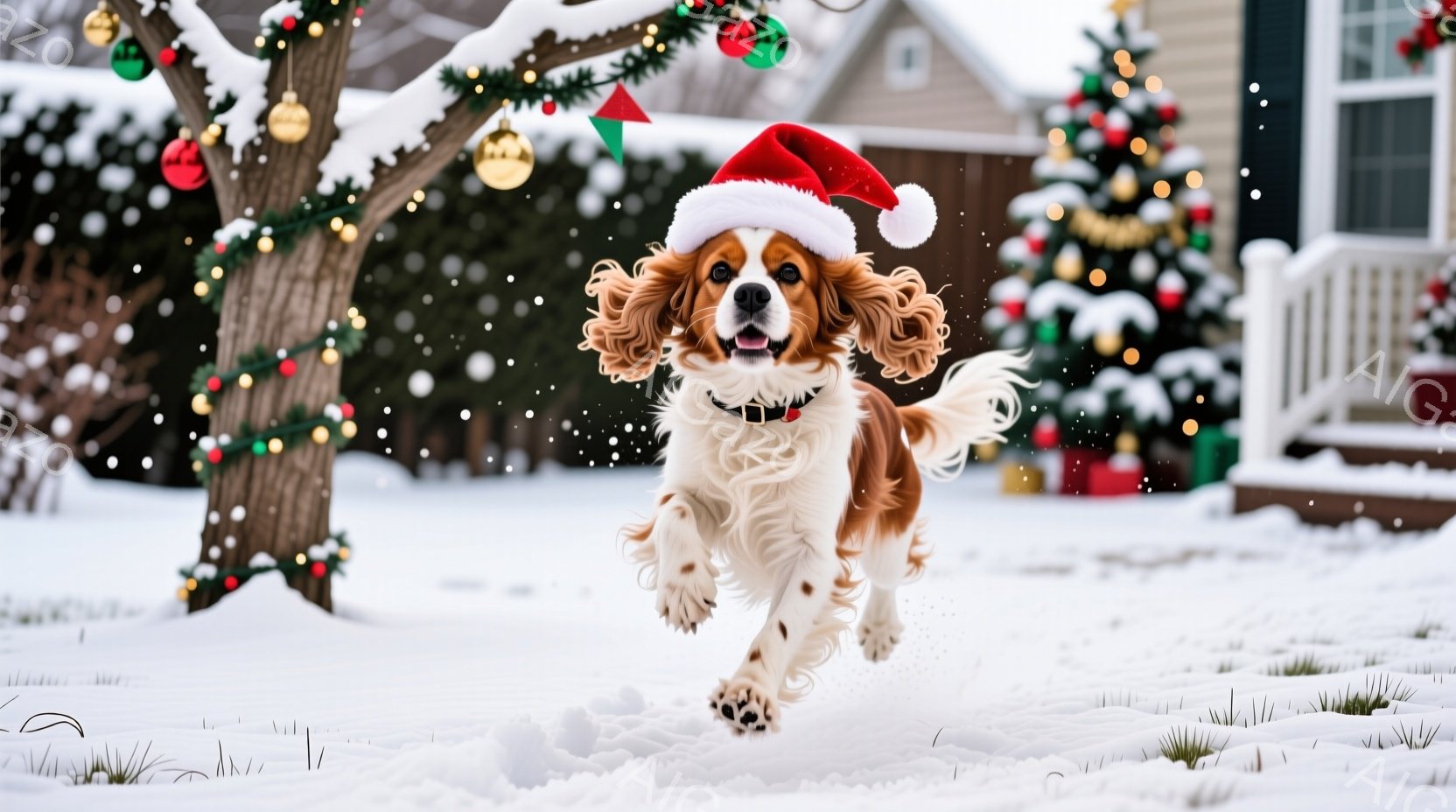 白い雪景色の中を、クリスマスの帽子をかぶった茶色の犬が元気に走り回っている。背景には、クリスマスツリーの飾り付けがされた家があり、雪が降る冬の温かく楽しい雰囲気を醸し出している。犬は嬉しそうに前を見つ - AI生成フリー素材