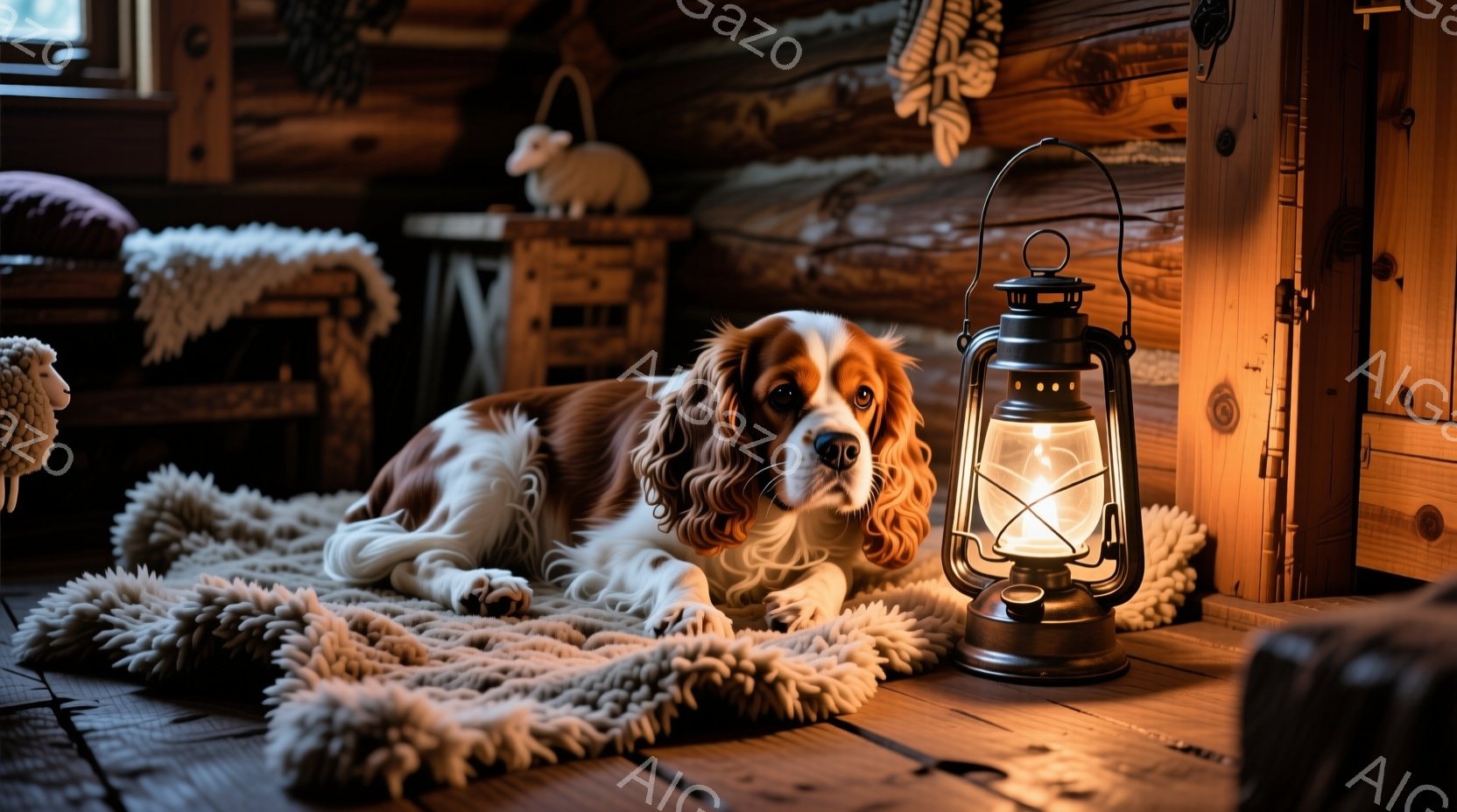 温かい光に照らされた室内で、茶色と白の毛並みのキャバリア・キング・チャールズ・スパニエルが、ふわふわの白いラグの上でゆったりと横たわっています。背景には木製の壁や装飾が見え、暖炉から灯る光が室内を優し - AI生成フリー素材