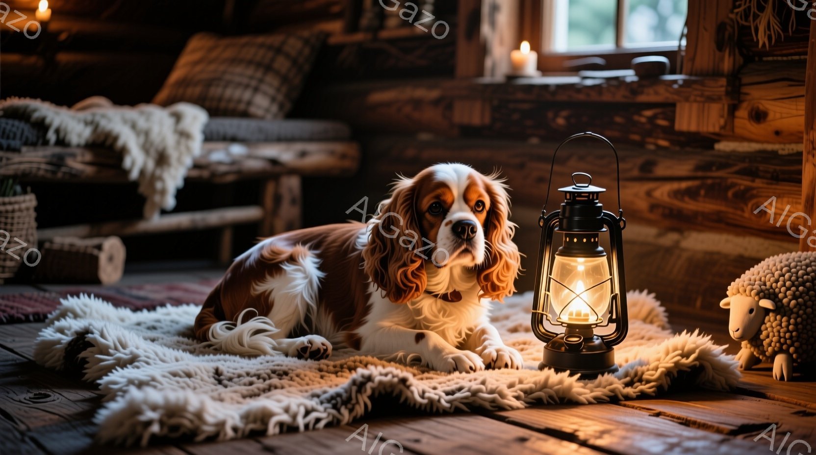 白とオレンジ色の毛並みを持つキャバリア・キング・チャールズ・スパニエルが、毛皮のような敷物の上でリラックスして横たわっています。背景には木製の壁と家具があり、ランプと縫いぐるみが暖かく落ち着いた雰囲気を醸し出しています。室内は薄暗く、温かい光が犬と周囲を照らし、穏やかで心地よい空間を作り出しています。