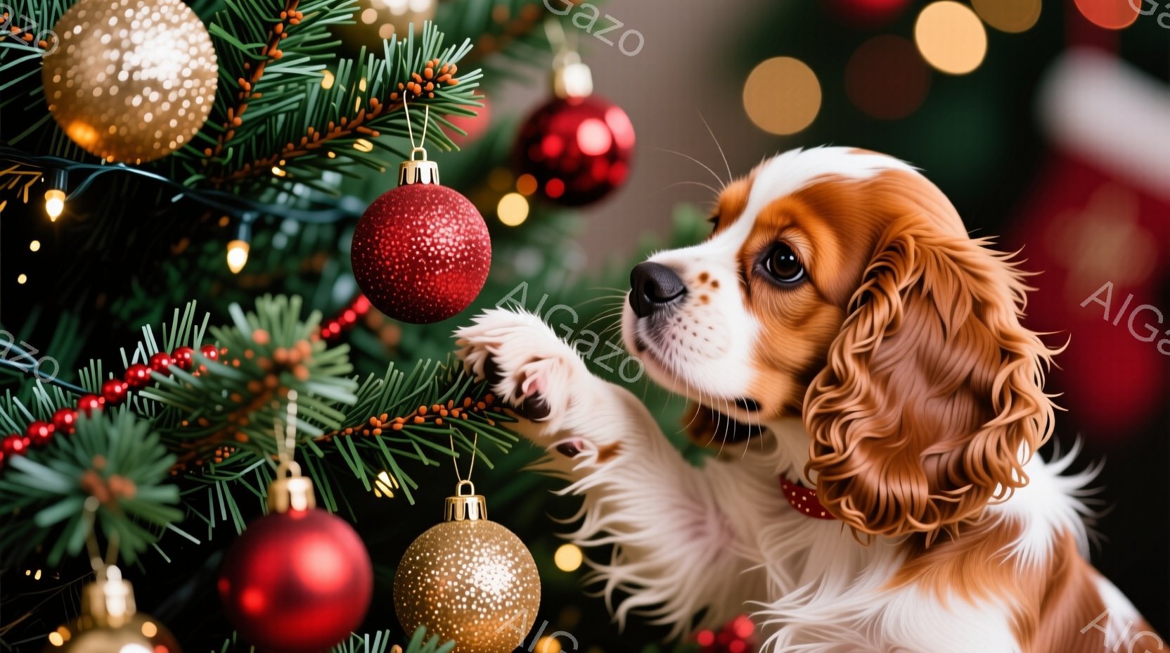 窓辺に茶色と白の毛並みのコッカー・スパニエルが座り、雪景色を眺めている。犬は首輪を付けており、少し上を見上げて、興味津々な表情をしている。背景には雪に覆われた木々と、ぼんやりと光る街灯が見え、暖かく穏 - AI生成フリー素材