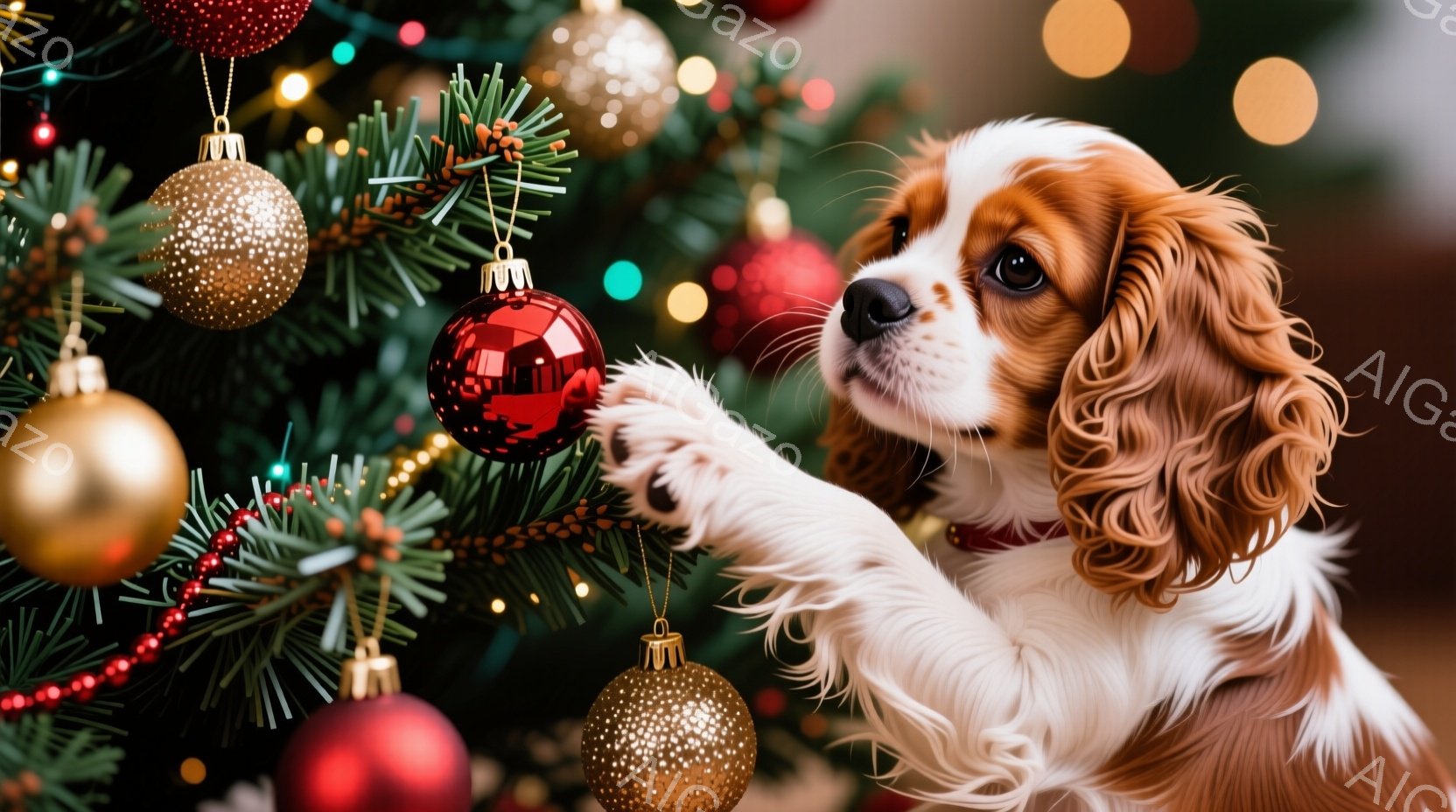 白とオレンジ色の毛並みを持つ子犬が、クリスマスツリーの飾りを前足でそっと触れようとしています。背景には緑豊かなクリスマスツリーが広がり、様々な色のオーナメントが輝き、温かく華やかな雰囲気を醸し出してい - AI生成フリー素材