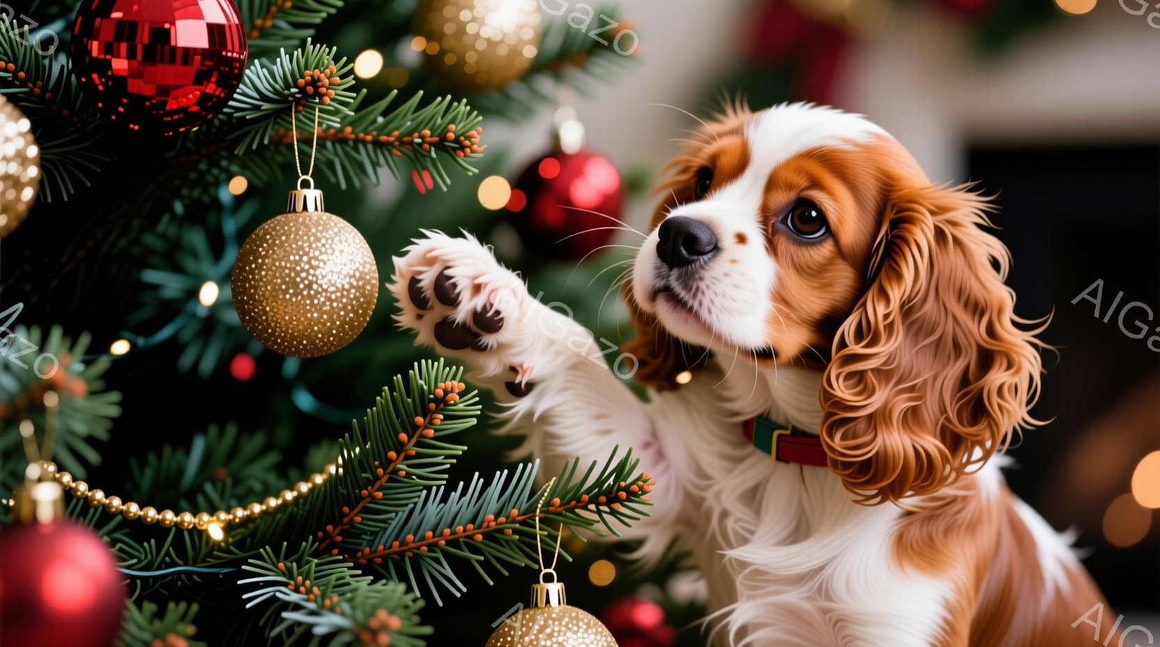 白と茶色のキャバリア・キング・チャールズ・スパニエルがクリスマスツリーの枝に手を伸ばしています。犬は首に緑色の首輪をつけており、好奇心と遊び心に満ちた表情で、輝くオーナメントを見つめています。背景は緑のクリスマスツリーとぼやけた明るい光で、暖かくお祝いの雰囲気を醸し出しています。