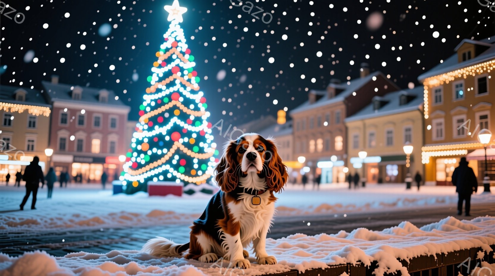 白い水玉模様のリボンのかかったプレゼントの箱の前に、茶色と白の毛並みを持つ子犬がいます。子犬はプレゼントに鼻を近づけ、興味津々な表情で箱を調べようとしています。背景にはクリスマスツリーと飾りがあり、暖 - AI生成フリー素材