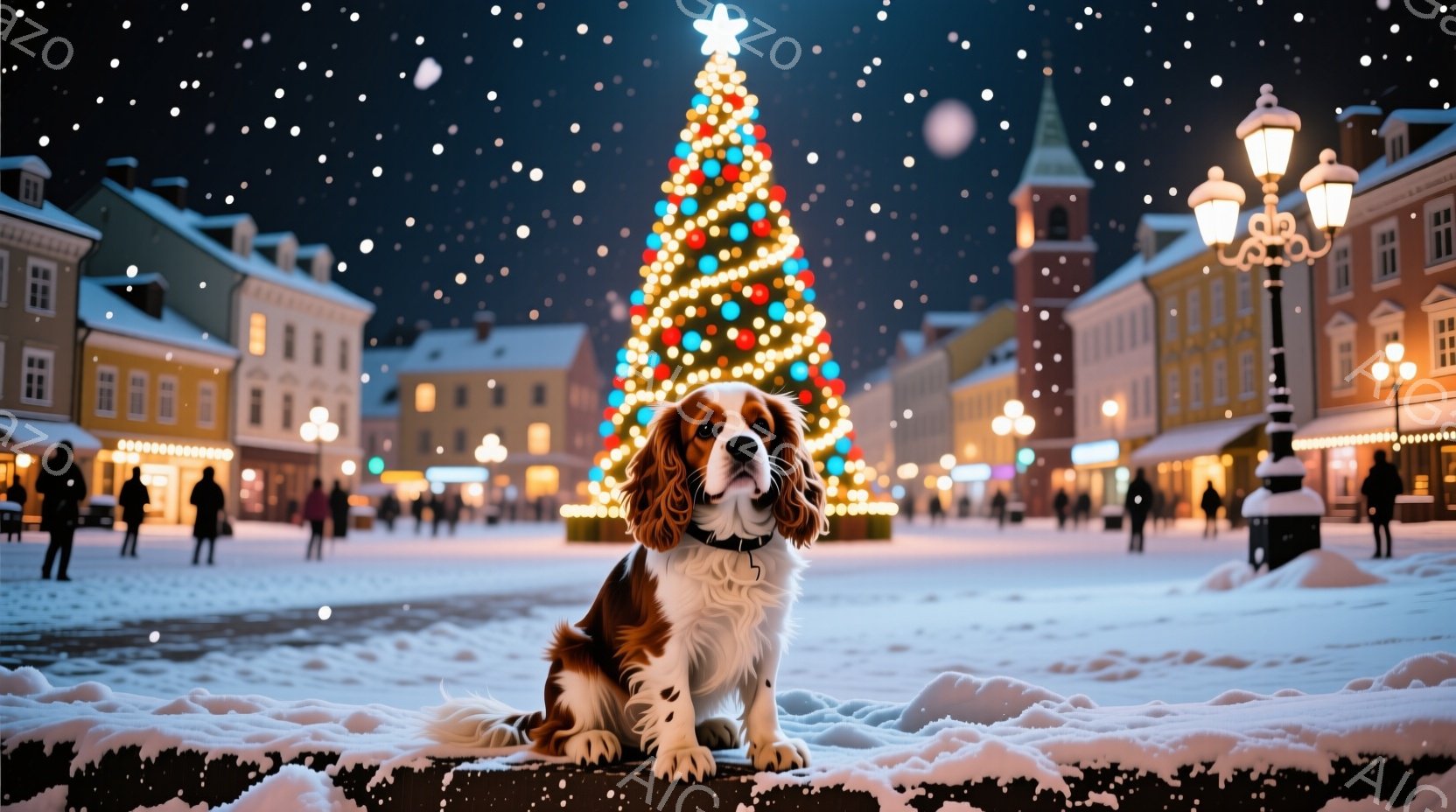 白と茶色のキャバリア・キング・チャールズ・スパニエルが、雪に覆われた石段の上に座り、正面を見つめている。背景には、色とりどりのイルミネーションで飾られた巨大なクリスマスツリーと、歴史的な建物が並ぶ賑や - AI生成フリー素材