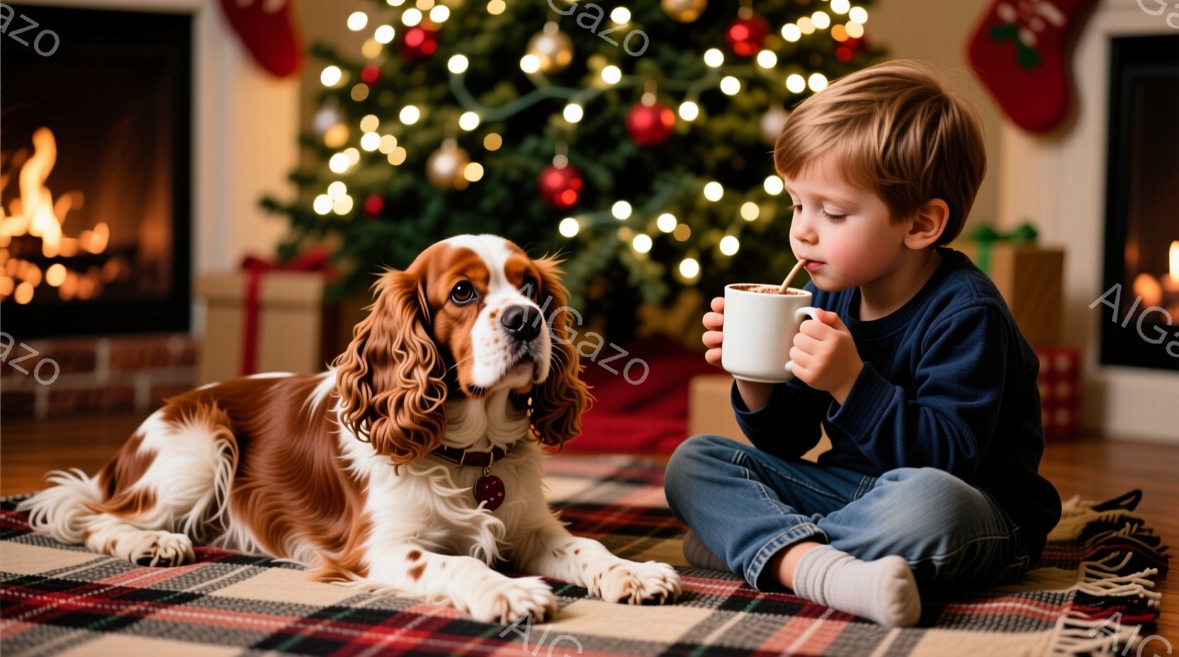 赤毛と白の模様のコッカー・スパニエルが、チェック柄の敷物の上でリラックスして横たわっています。少年は青いセーターを着て、白いカップに入った温かい飲み物を飲みながら、床に座っています。背景にはクリスマス - AI生成フリー素材