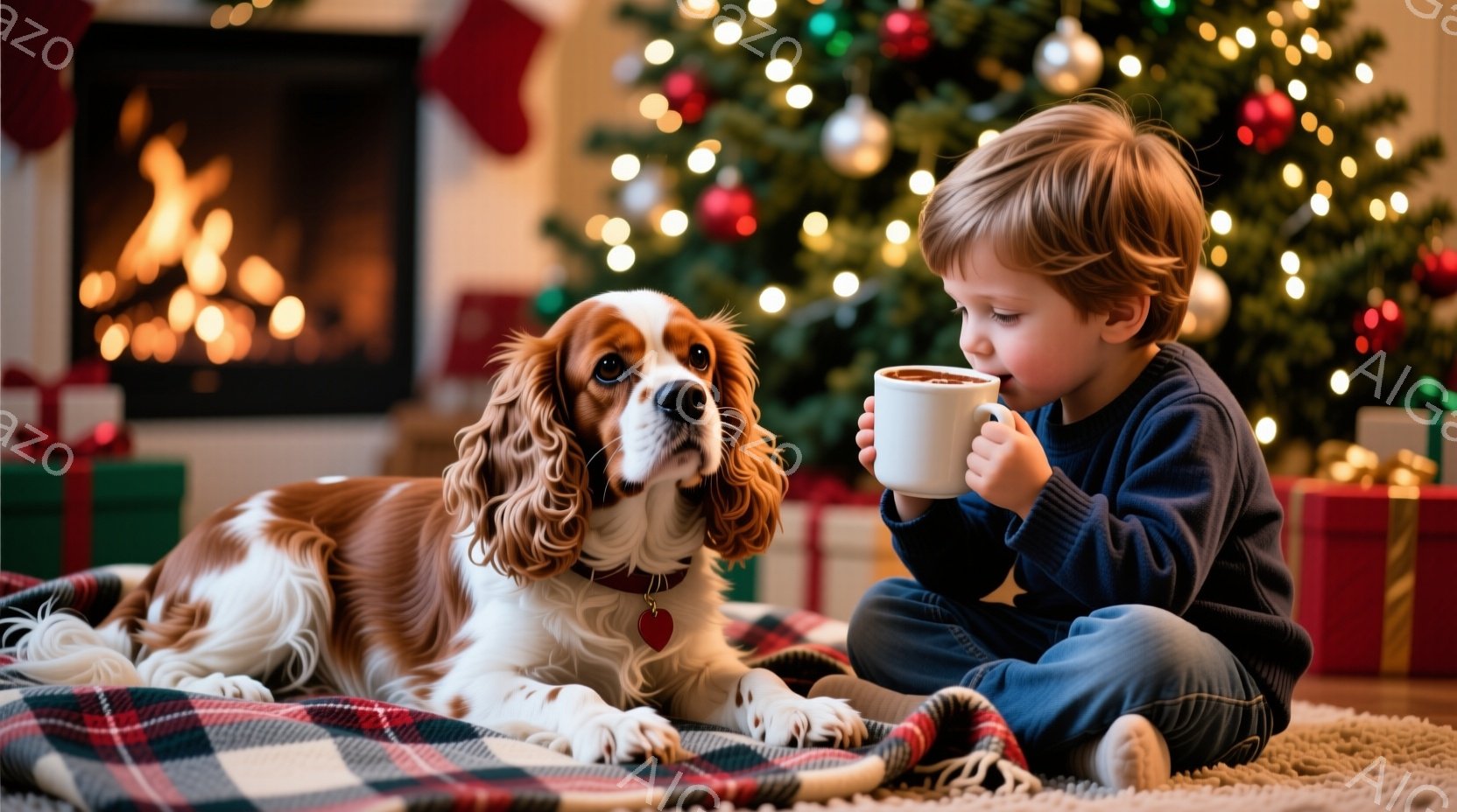 少年は膝を曲げて座り、暖かい飲み物を入れたマグカップを両手で抱えています。そばには、白い胸と赤い毛並みを持つスパニエル犬が横たわり、少年を見つめています。背景にはクリスマスツリーが飾られ、暖炉の炎が暖 - AI生成フリー素材