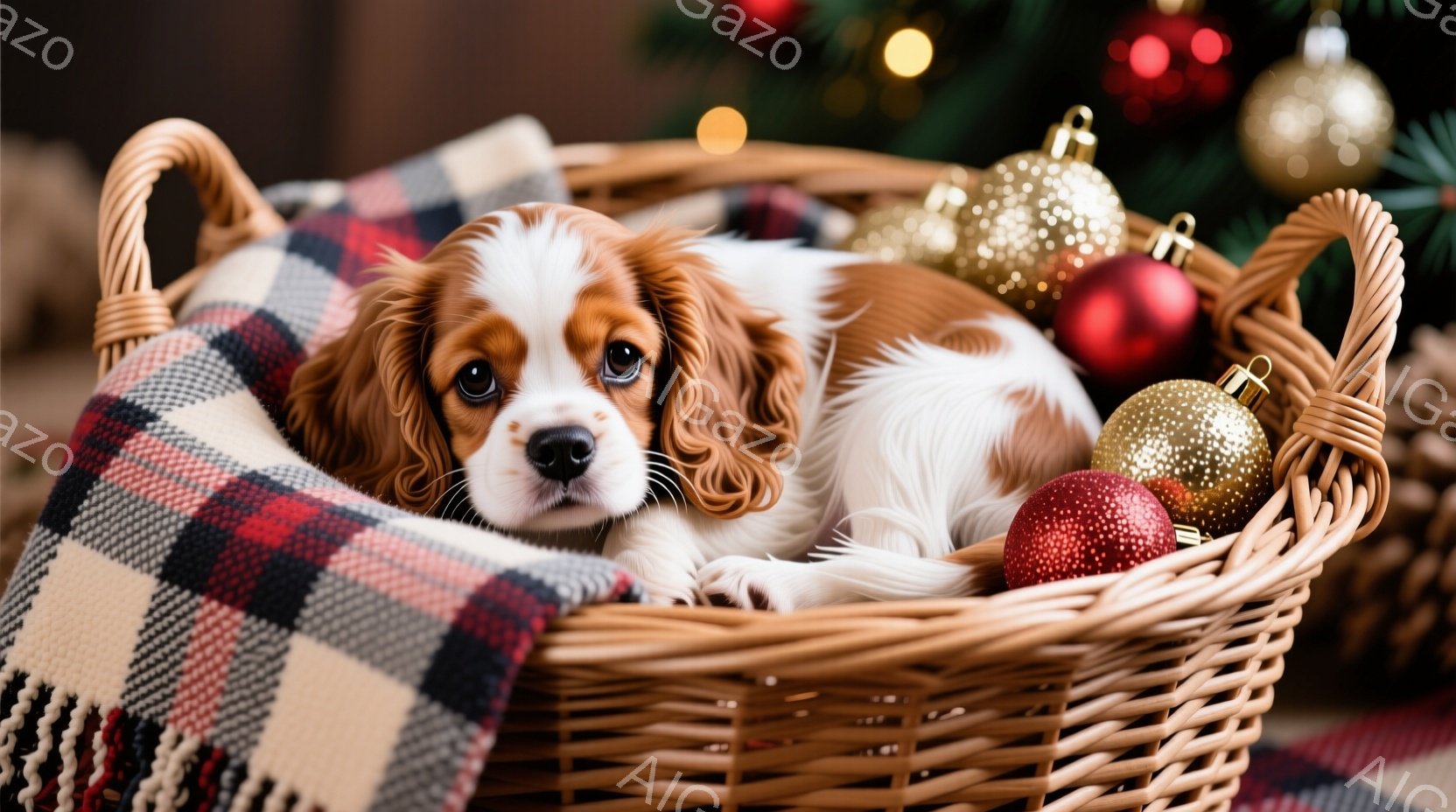 白と茶色の毛並みの小さな子犬が、赤いチェック柄のブランケットが敷かれた籐のバスケットに丸まって横たわっています。子犬は穏やかな表情でカメラを見つめており、周りには赤いと金色のクリスマスオーナメントが散りばめられています。背景にはぼんやりとクリスマスツリーが見え、温かく穏やかなクリスマスの雰囲気を醸し出しています。