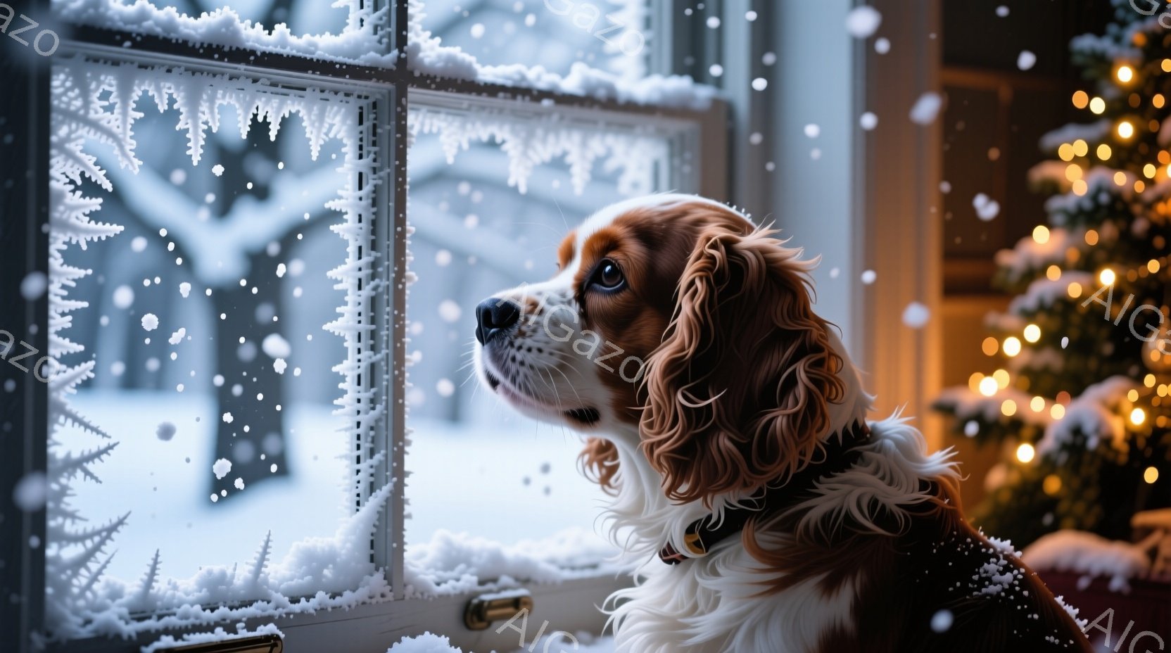 窓辺に寄りかかり、茶色と白の毛並みを持つ犬が外を眺めている。雪が降る冬の景色が窓ガラスに映り込み、背景にはぼんやりと家や木々が見える。暖かく優しい光が犬を照らし、静かで穏やかな冬の雰囲気を醸し出してい - AI生成フリー素材