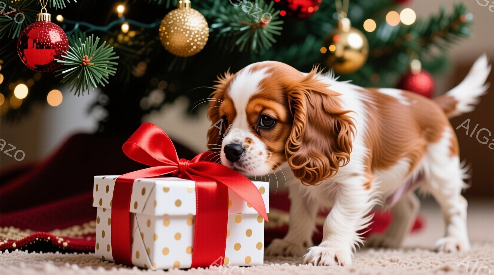 白い水玉模様のリボンのかかったプレゼントの箱を嗅ぐ、茶色と白の毛並みの小さな犬が写っています。犬はプレゼントに近づき、興味津々な表情で箱を覗き込んでいます。背景にはクリスマスツリーがぼんやりと見え、暖 - AI生成フリー素材