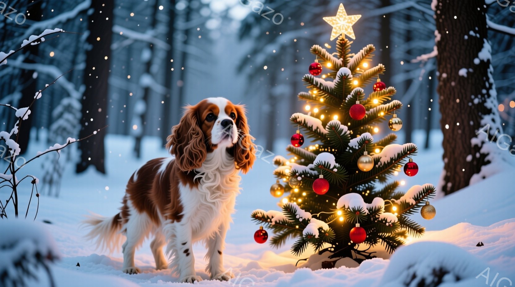 白い雪が降り積もる森の中で、茶色と白の毛並みを持つキャバリア・キング・チャールズ・スパニエルがクリスマスツリーの前に立っている。ツリーは飾り付けられており、暖かな光を放ち、周囲の雪景色とのコントラスト - AI生成フリー素材