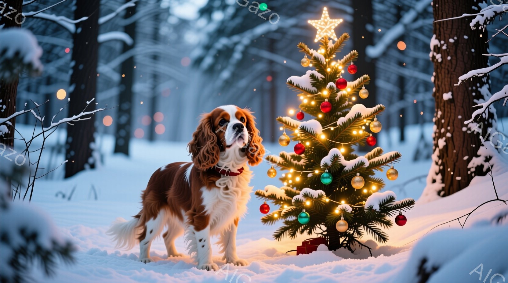 白い雪景色の中に、茶色と白の毛並みを持つキャバリア・キング・チャールズ・スパニエルが立っており、赤い首輪をつけています。その前には、飾り付けられたクリスマスツリーが輝き、プレゼントの箱が置かれています。背景には雪に覆われた木々が立ち並び、幻想的で温かいクリスマスの雰囲気を醸し出しています。