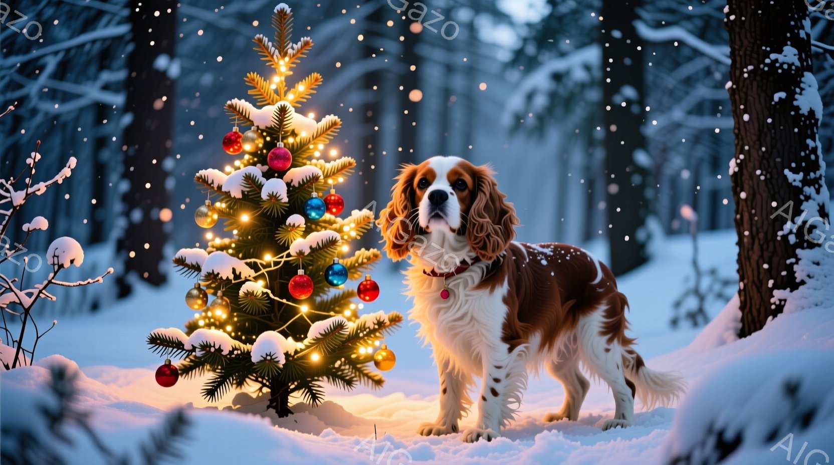 雪が降り積もる森の中で、飾られたクリスマスツリーの隣に、白と茶色のコーギー犬が立っている。犬は赤い首輪をつけており、少し伏し目がちで穏やかな表情をしている。背景は雪に覆われた木々で、暖かい光が犬とツリ - AI生成フリー素材