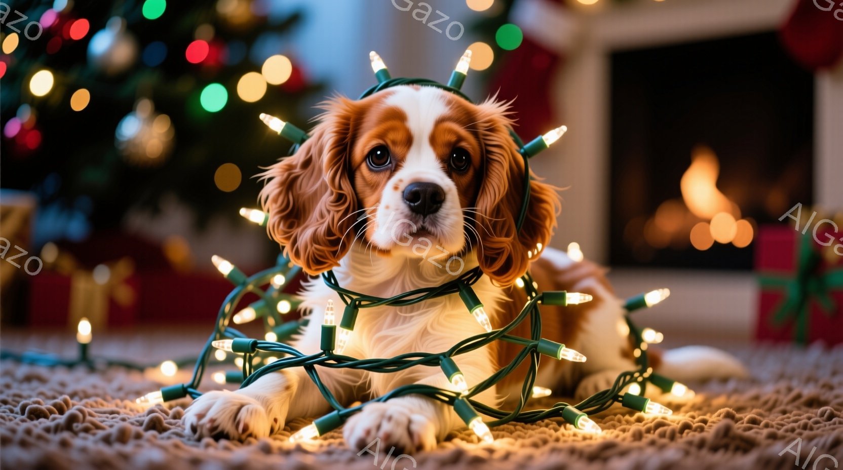 白と茶色の毛並みのキャバリア・キング・チャールズ・スパニエルが、緑色のクリスマスライトに包まれて絨毯の上に横たわっています。愛らしい表情でカメラを見つめており、背景にはぼやけたクリスマスツリーとプレゼ - AI生成フリー素材