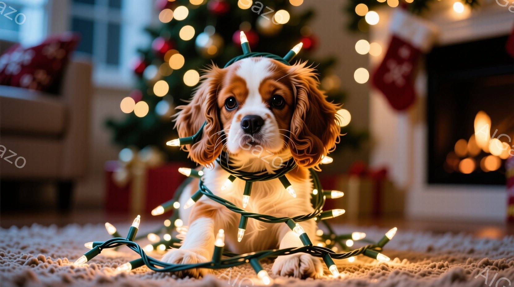 暖炉とクリスマスツリーがぼんやりと見える室内で、茶色と白の毛並みの犬がイルミネーションライトに包まれています。犬はカーペットの上に仰向けになり、リラックスした表情でカメラを見つめており、その愛らしい姿 - AI生成フリー素材