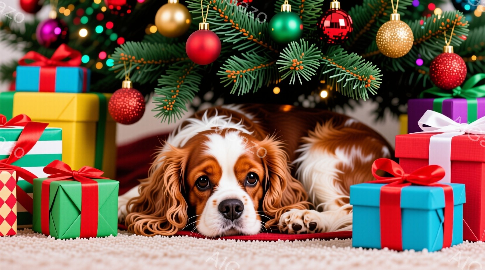 暖炉のそばに、茶色と白の毛並みを持つキャバリア・キング・チャールズ・スパニエルが、クリスマスプレゼントの山の中に横たわっています。犬は少し憂いのある表情でカメラを見つめており、背景にはクリスマスツリー - AI生成フリー素材