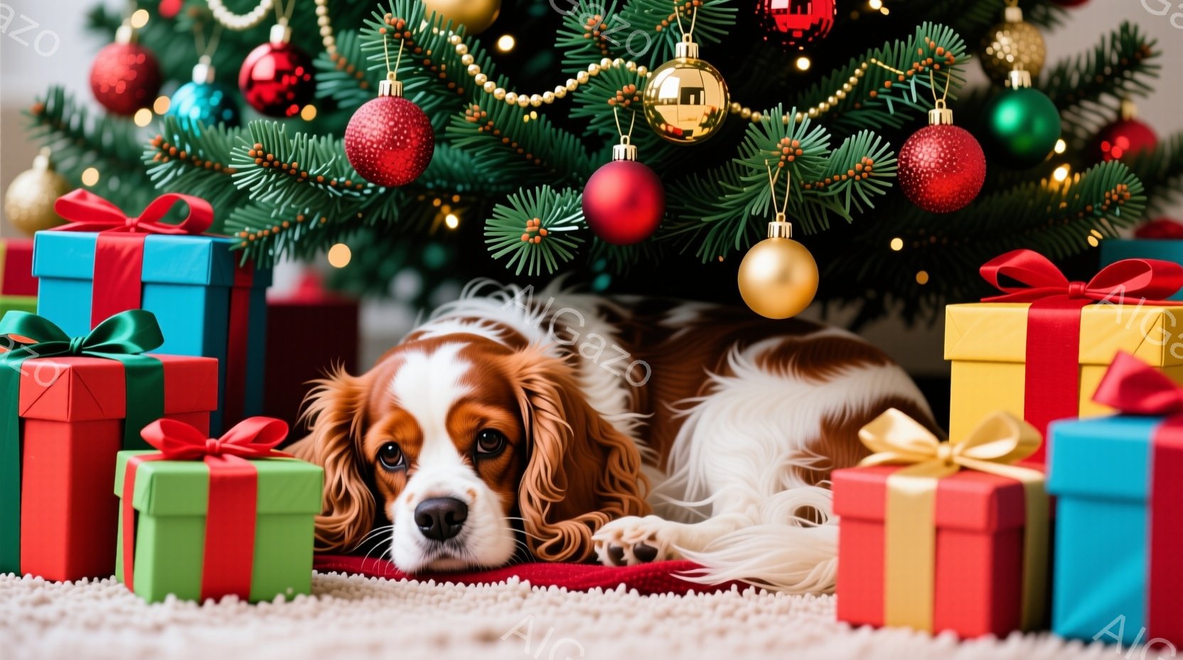鮮やかなクリスマスツリーの足元に、茶色と白の美しいコートを持つキャバリア・キング・チャールズ・スパニエルが横たわっています。犬はリラックスした表情で、まるでプレゼントに囲まれて幸せそうに眠っているかの - AI生成フリー素材