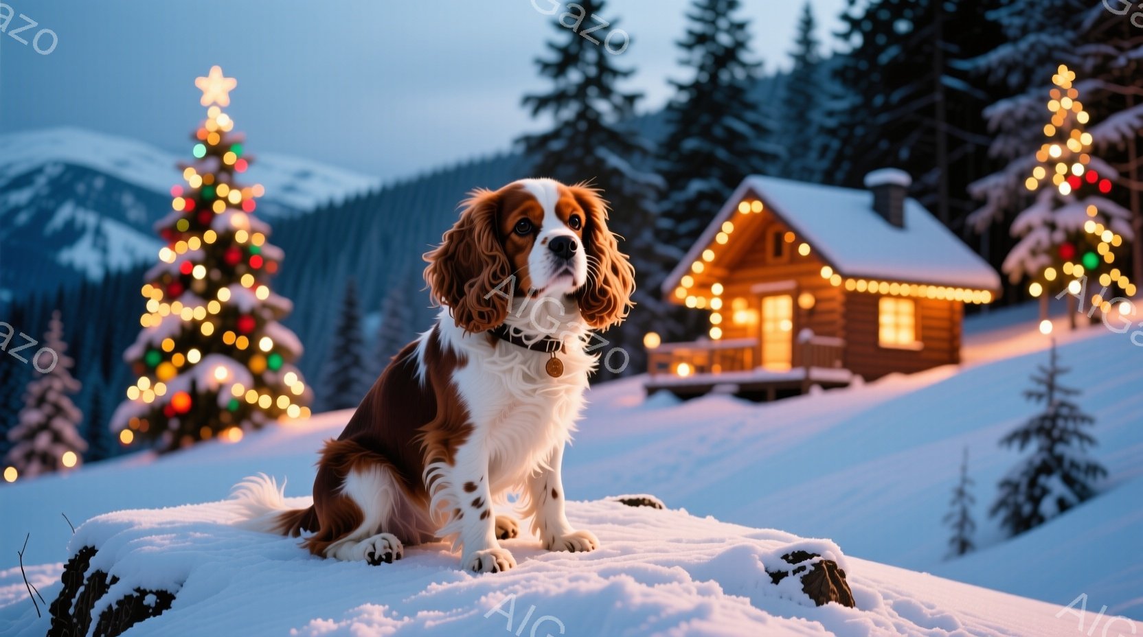 白い雪の上に座っている、赤と白の毛並みの美しいコーギー犬が写っています。背景には、イルミネーションで飾られたクリスマスツリーと、暖かく光るログハウスが雪景色の中に佇み、冬の暖かく幻想的な雰囲気を醸し出 - AI生成フリー素材