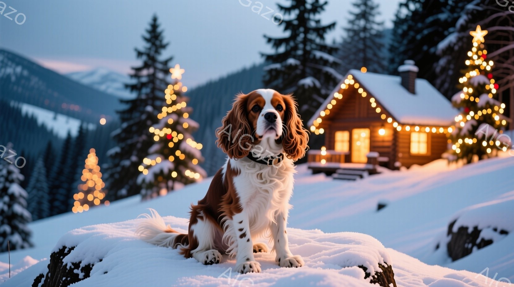 白い雪の上に座っているブリニョンの犬が写っています。その犬は茶色と白の毛並みで、首輪を付けており、まっすぐ前を見て穏やかな表情をしています。背景には、クリスマスツリーのように飾られた木々と、暖かく光るログキャビンがあり、雪景色の中で温かく幻想的な雰囲気を醸し出しています。