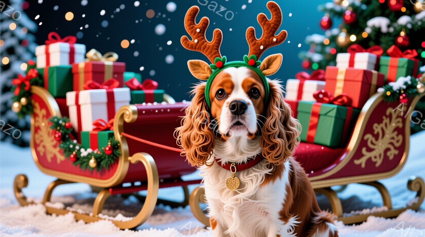 茶色と白の美しいコッカー・スパニエルが、クリスマスの角の飾りをつけて正面を見つめています。赤いそりに囲まれた犬は、首輪に金のペンダントをつけており、背景にはプレゼントの山とクリスマスツリーが見え、雪が - AI生成フリー素材