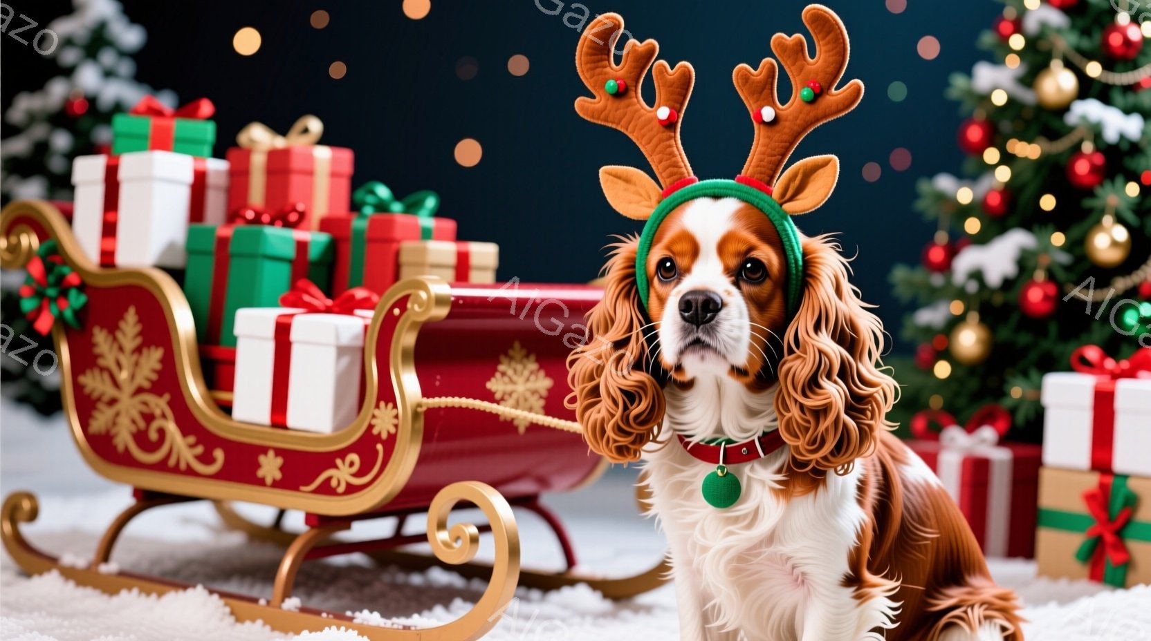 茶色い毛並みのキャバリア・キング・チャールズ・スパニエルが、クリスマスらしい赤いトナカイの角飾りをつけて座っています。背景には、プレゼントが積まれたそりや、オーナメントで飾られたクリスマスツリーがあり - AI生成フリー素材