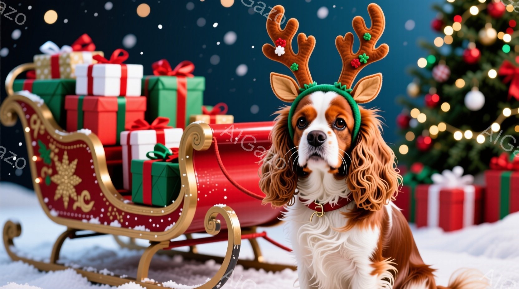 赤毛と白の美しいキャバリア・キング・チャールズ・スパニエルが、クリスマスをテーマにしたソリの上に座っています。頭には角のような飾りをつけており、真剣で少し困ったような表情をしています。背景には、プレゼントの山と、きらめくクリスマスツリーがあり、雪が舞う冬の雰囲気を醸し出しています。