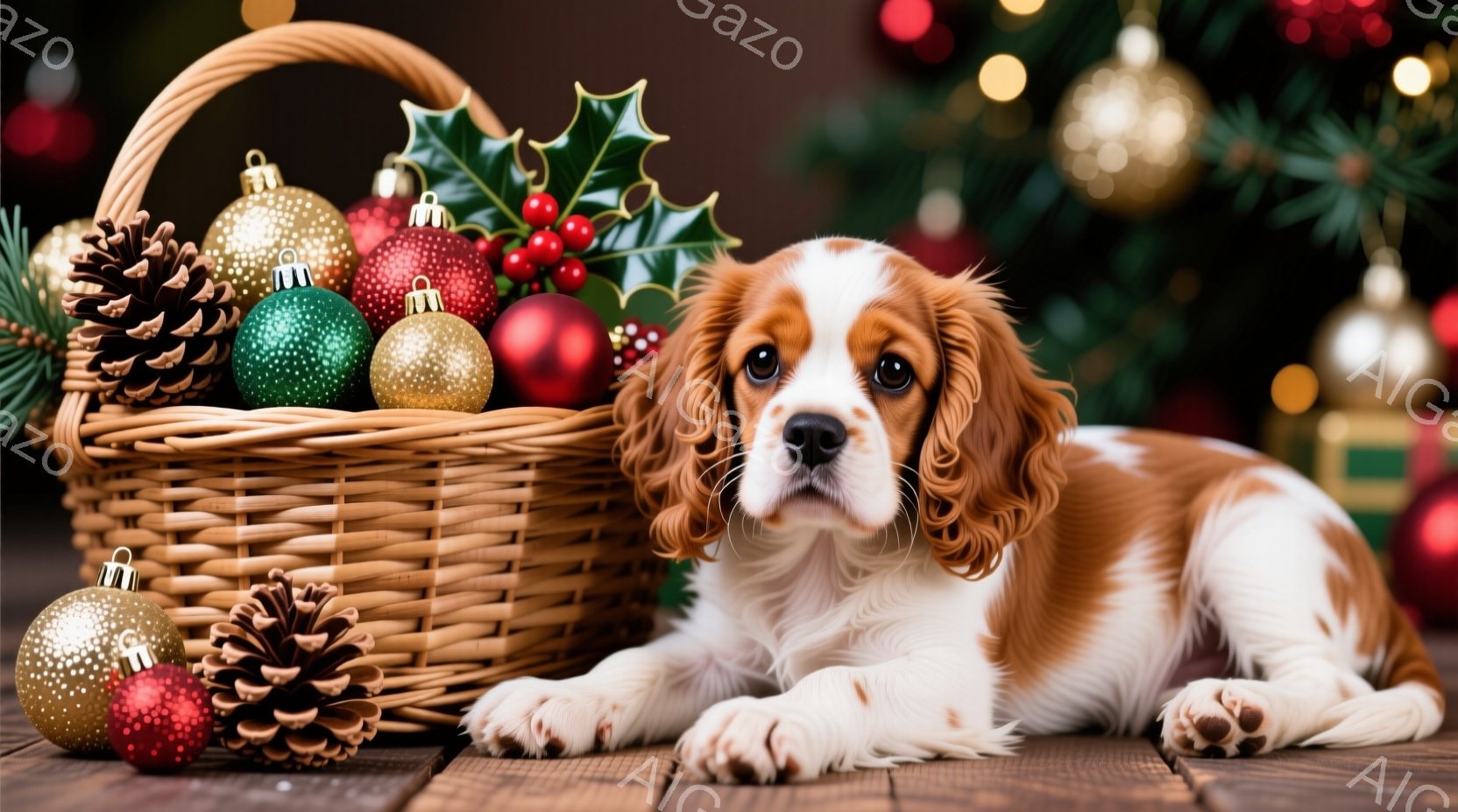 暖炉の木製の床の上に、織りバスケットとクリスマスの飾り（松ぼっくり、オーナメント、葉）が置かれ、その隣には白とオレンジ色の毛並みのキャバリア・キング・チャールズ・スパニエルの子犬が横たわっています。子犬は正面を見つめ、好奇心と穏やかさのある表情を浮かべており、背景にはぼやけたクリスマスツリーの明かりが見えます。 全体的に、温かく、居心地の良い、クリスマスの雰囲気が漂っています。